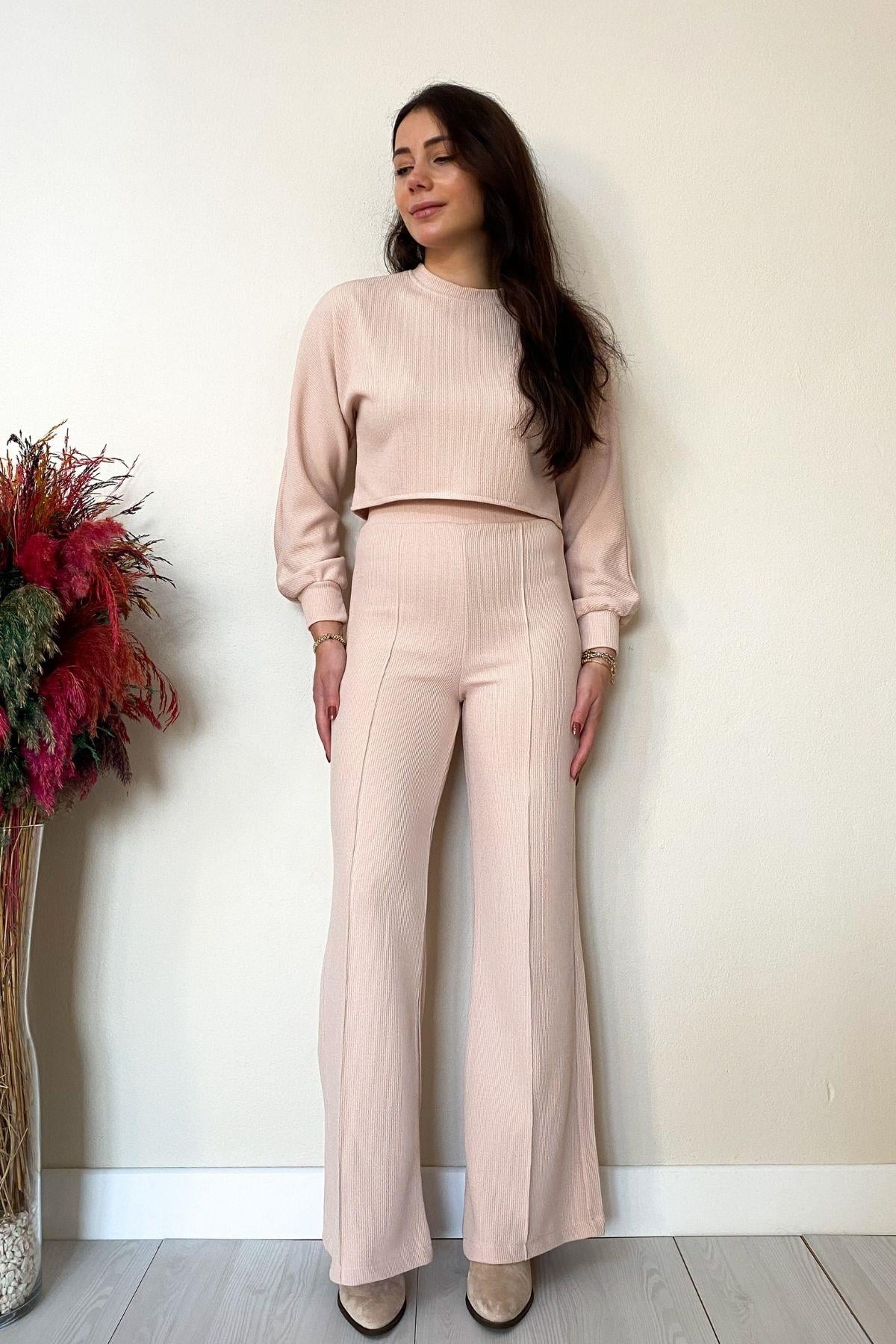 Bej Crop Pantolon Hafif Simli Kumaş Takım