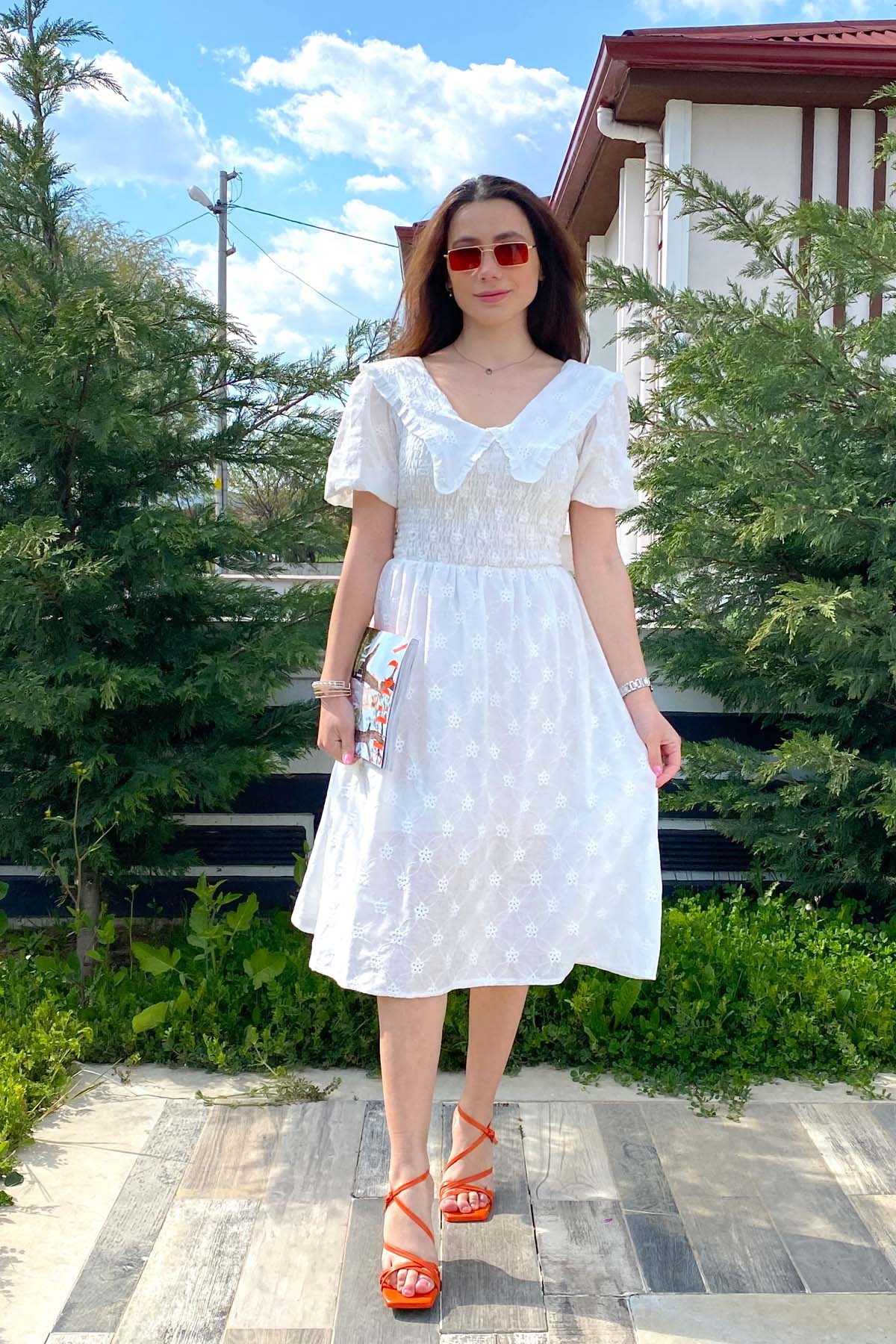beyaz fisto ön arka vintage yakalı elbise