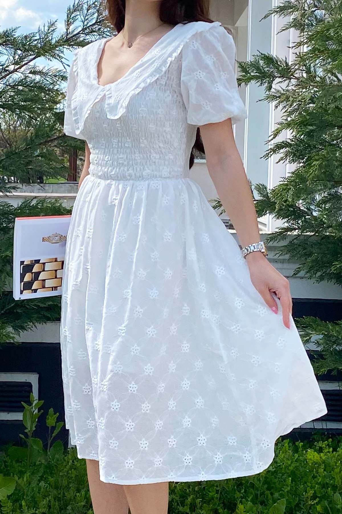 beyaz fisto ön arka vintage yakalı elbise