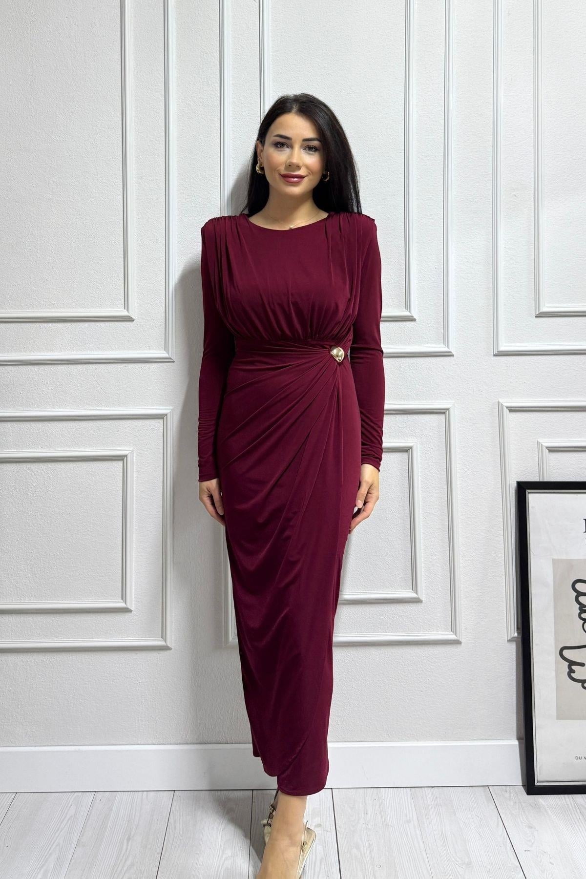 Bordo Beli Aksesuarlı Drapeli Sandy Elbise