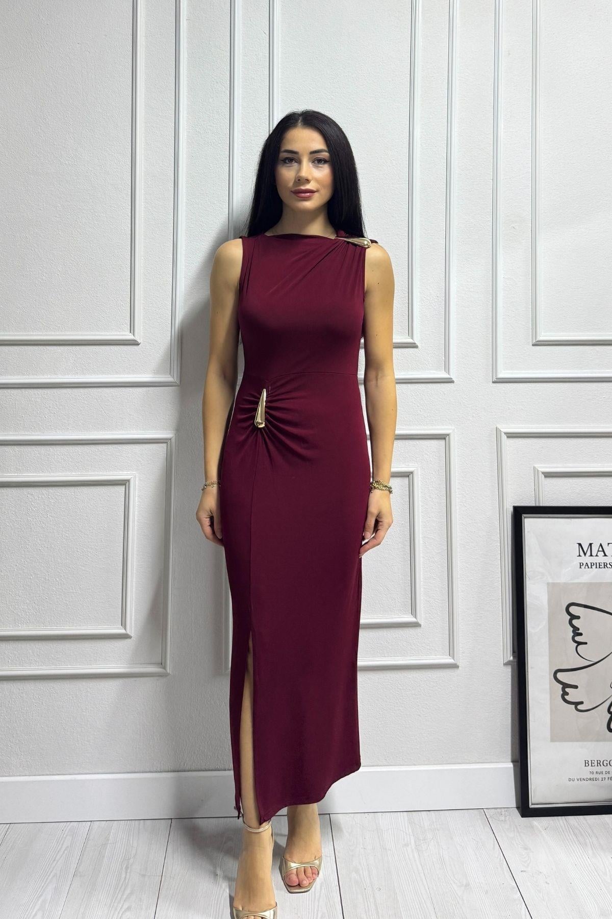 Bordo Beli Omzu Gold Detay Maksi Boy Sandy Elbise