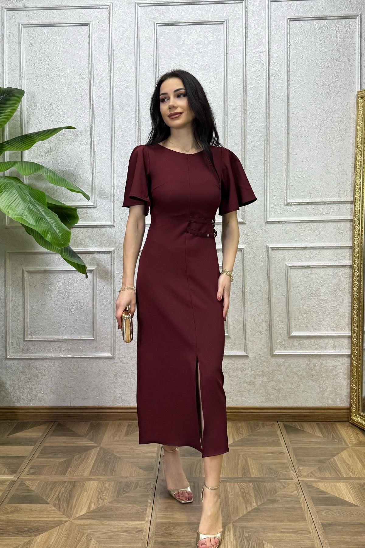 Bordo Beli Süs Kemer Detay Volan Kol Elbise