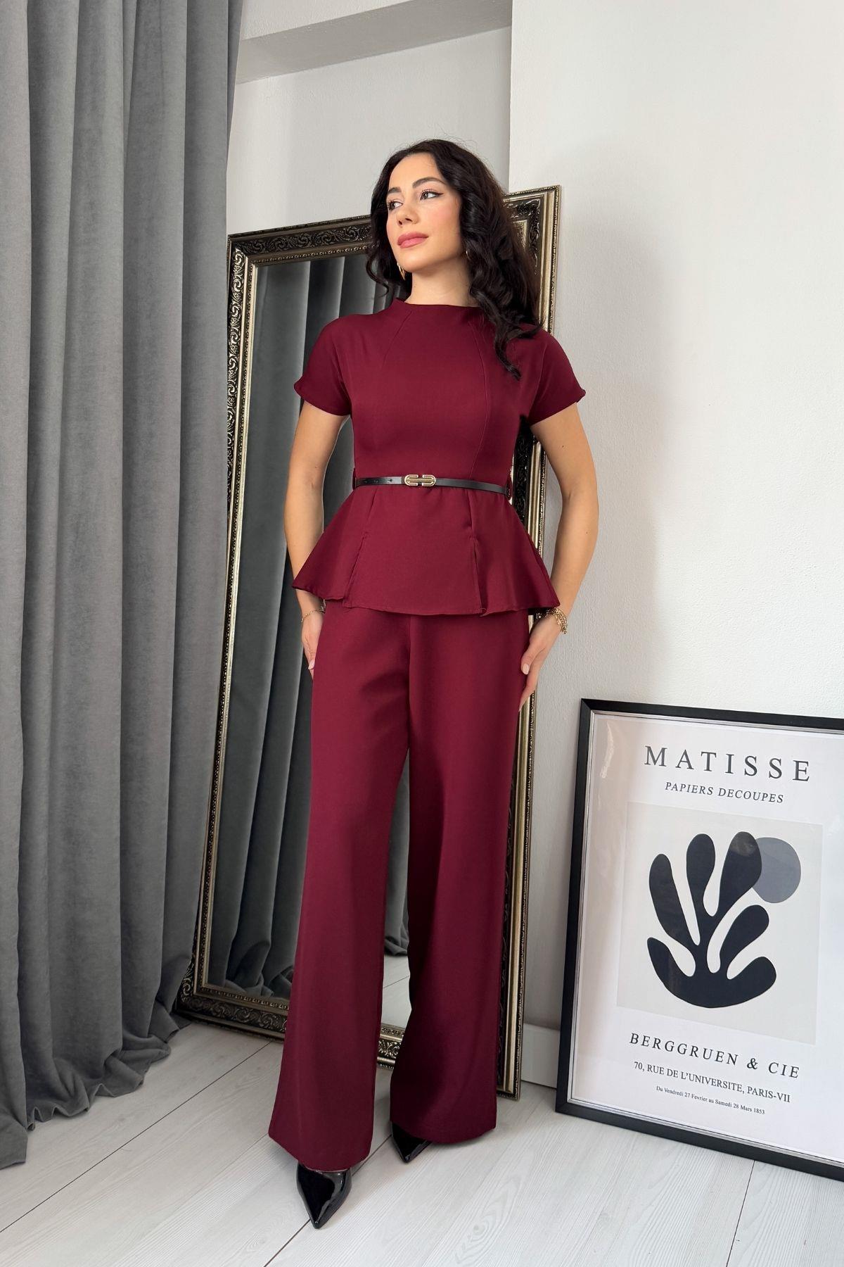 Bordo Beli Volan Detay Kemerli Tasarım Tulum