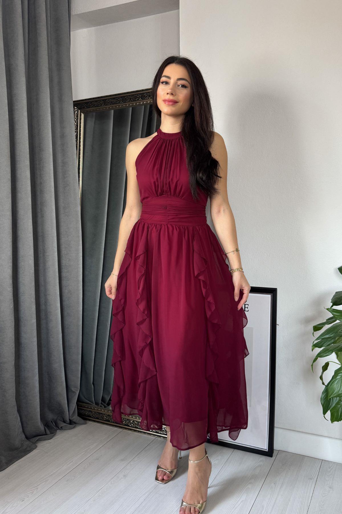Bordo Halter Yaka Eteği Fırfırlı Şifon Elbise