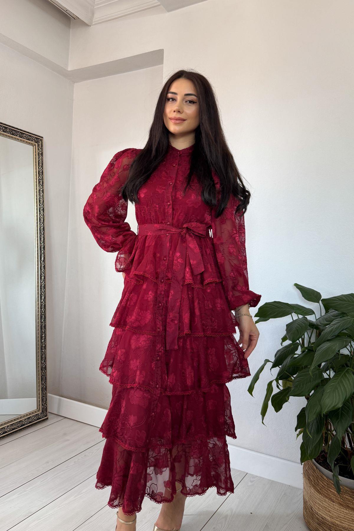 Bordo Kat Kat Eteği Volanlı Tasarım Elbise