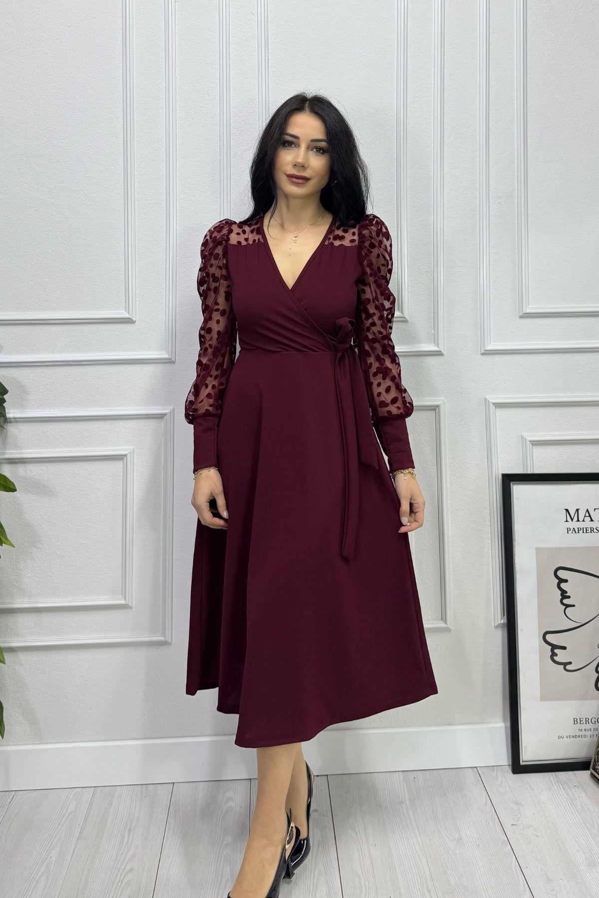 Bordo Kolları Tül Kruvaze Yaka Krep Elbise