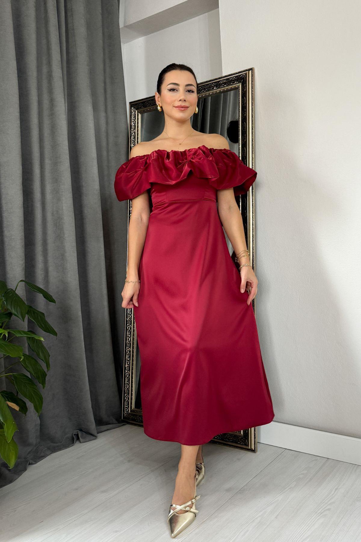 Bordo Organze Detaylı Tasarım Saten Elbise