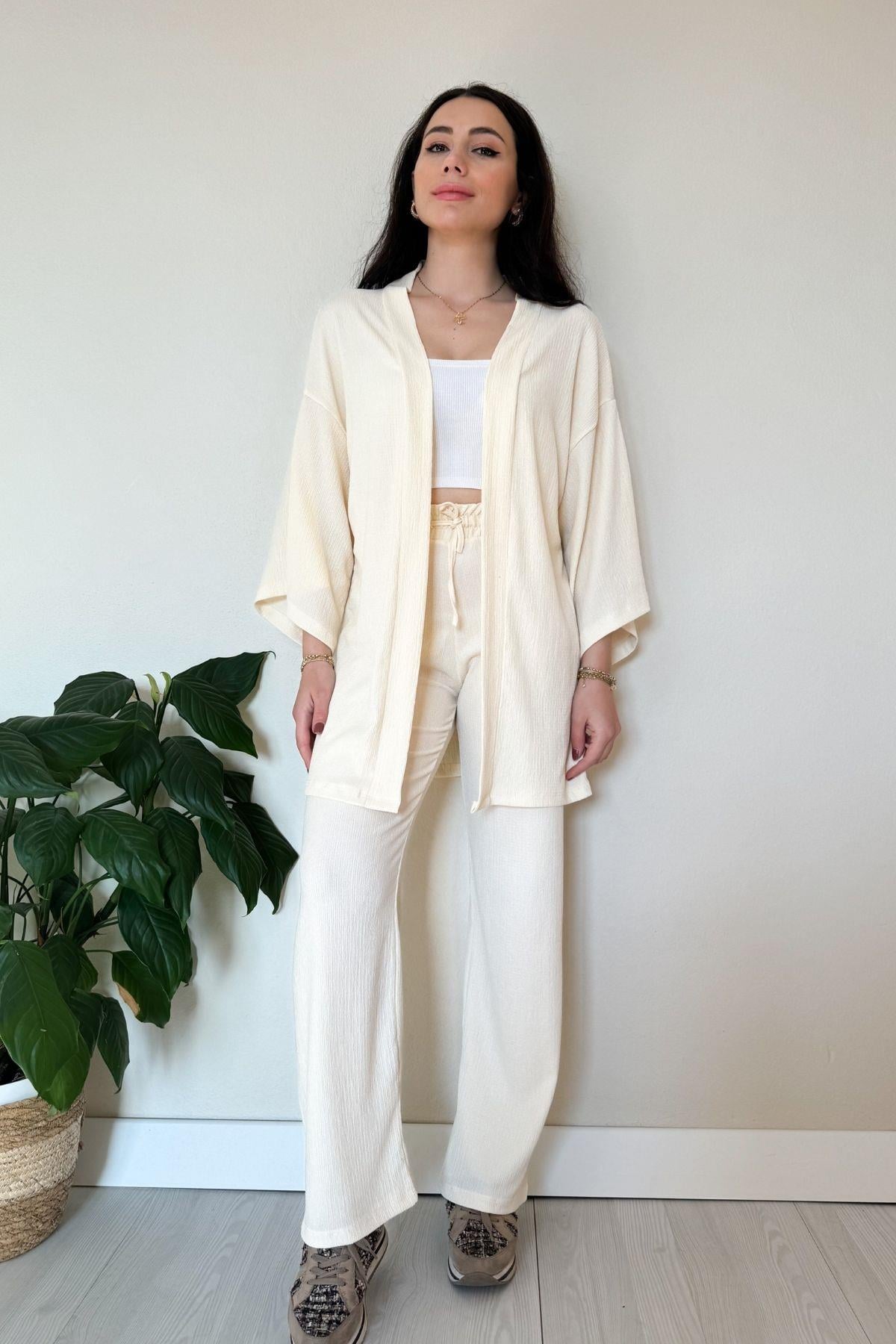 Ekru Kimono Pantolon Gofre Takım
