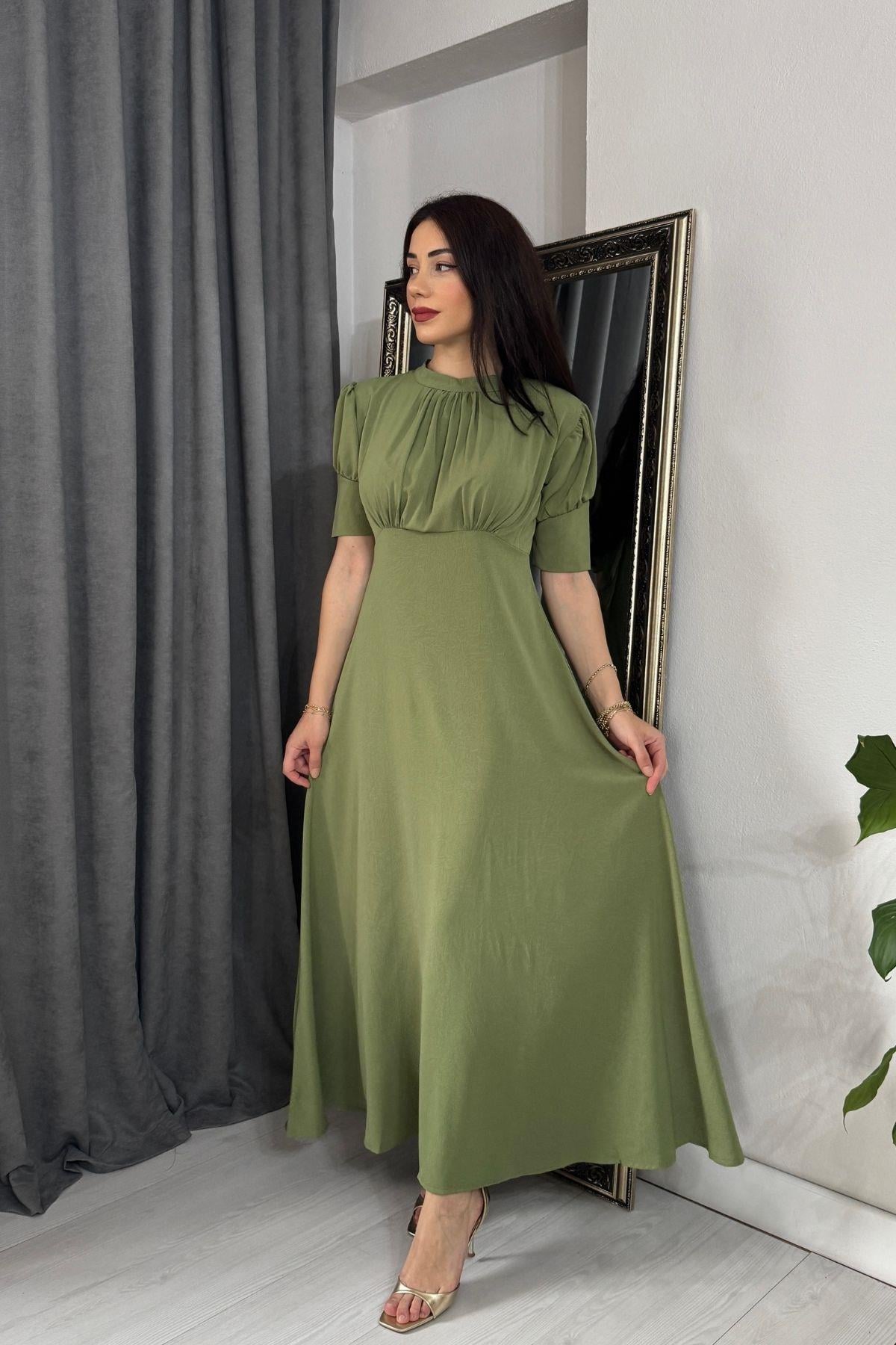 Haki Göğsü Büzgülü Yakası Bağlama Detay Krep Elbise