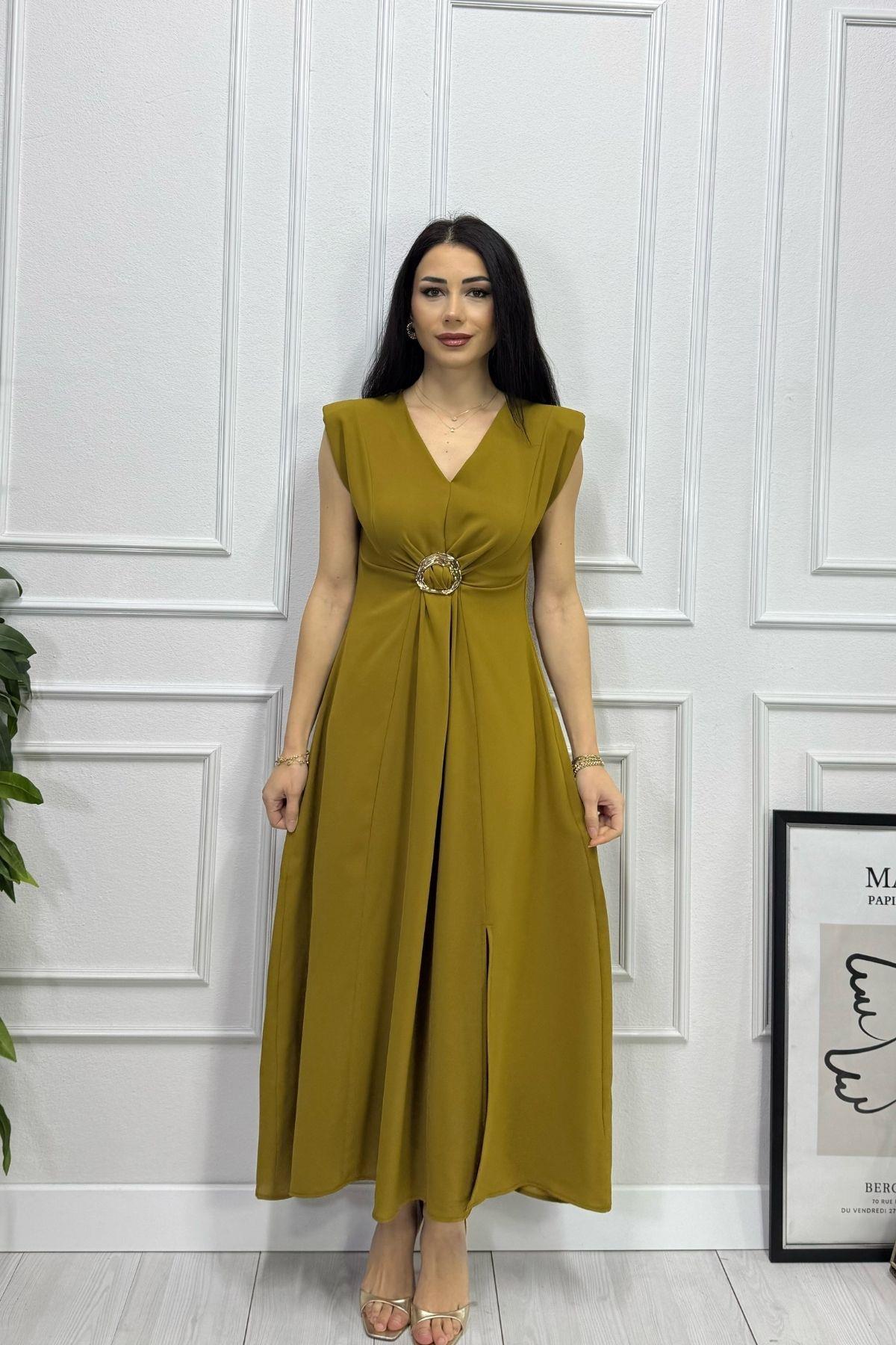 Hardal Beli Gold Toka Detaylı Elbise