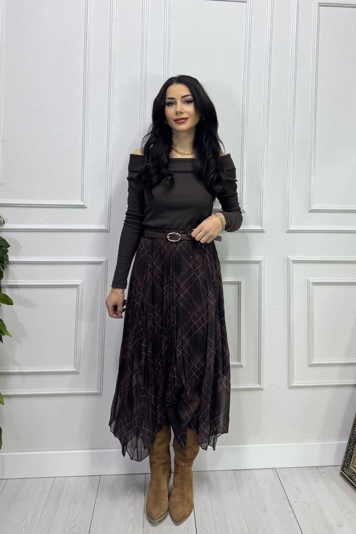 Kahve Baklava Desenli Beli Lastikli Şifon Etek