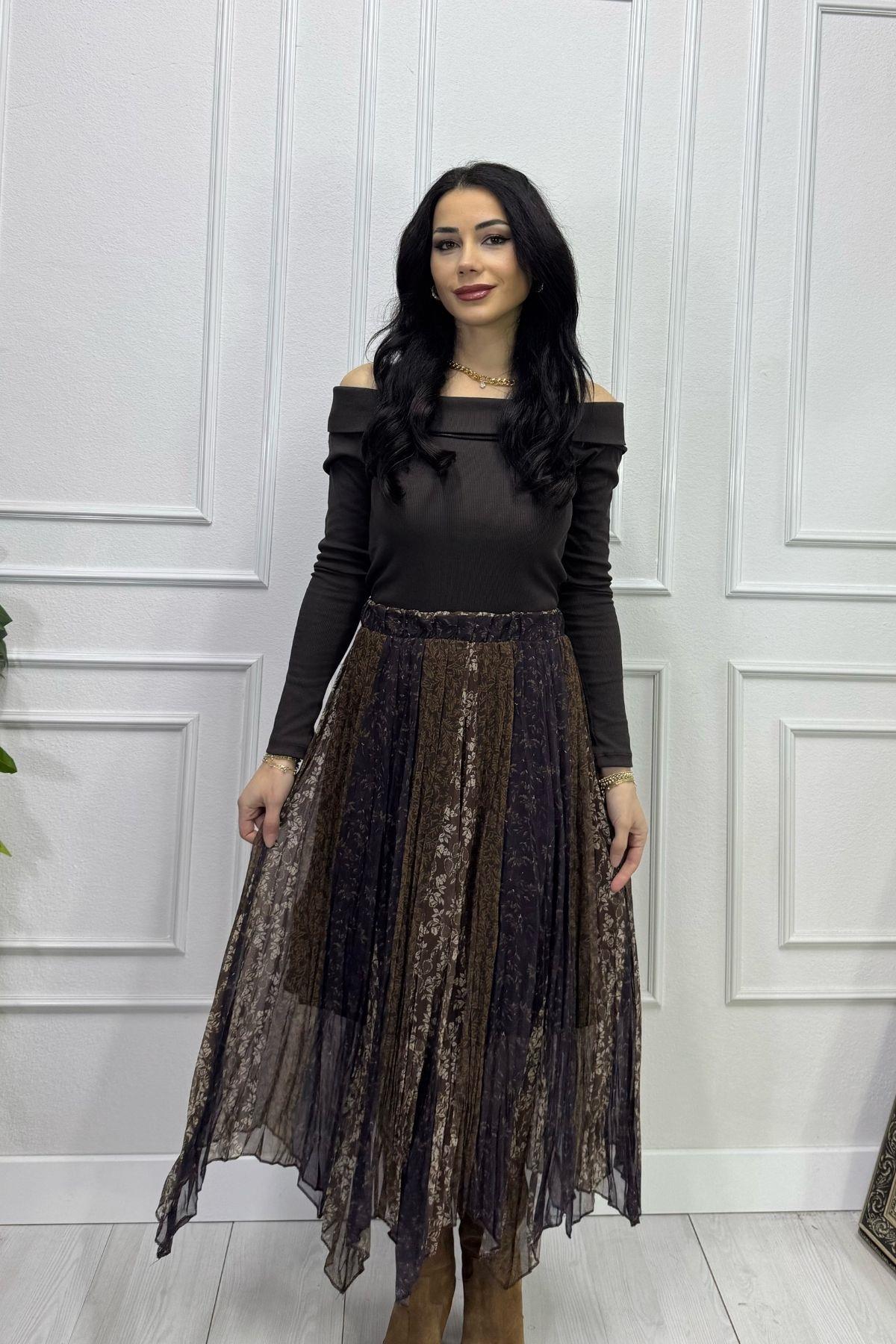 Kahve Desen Geçişli Beli Lastikli Şifon Etek