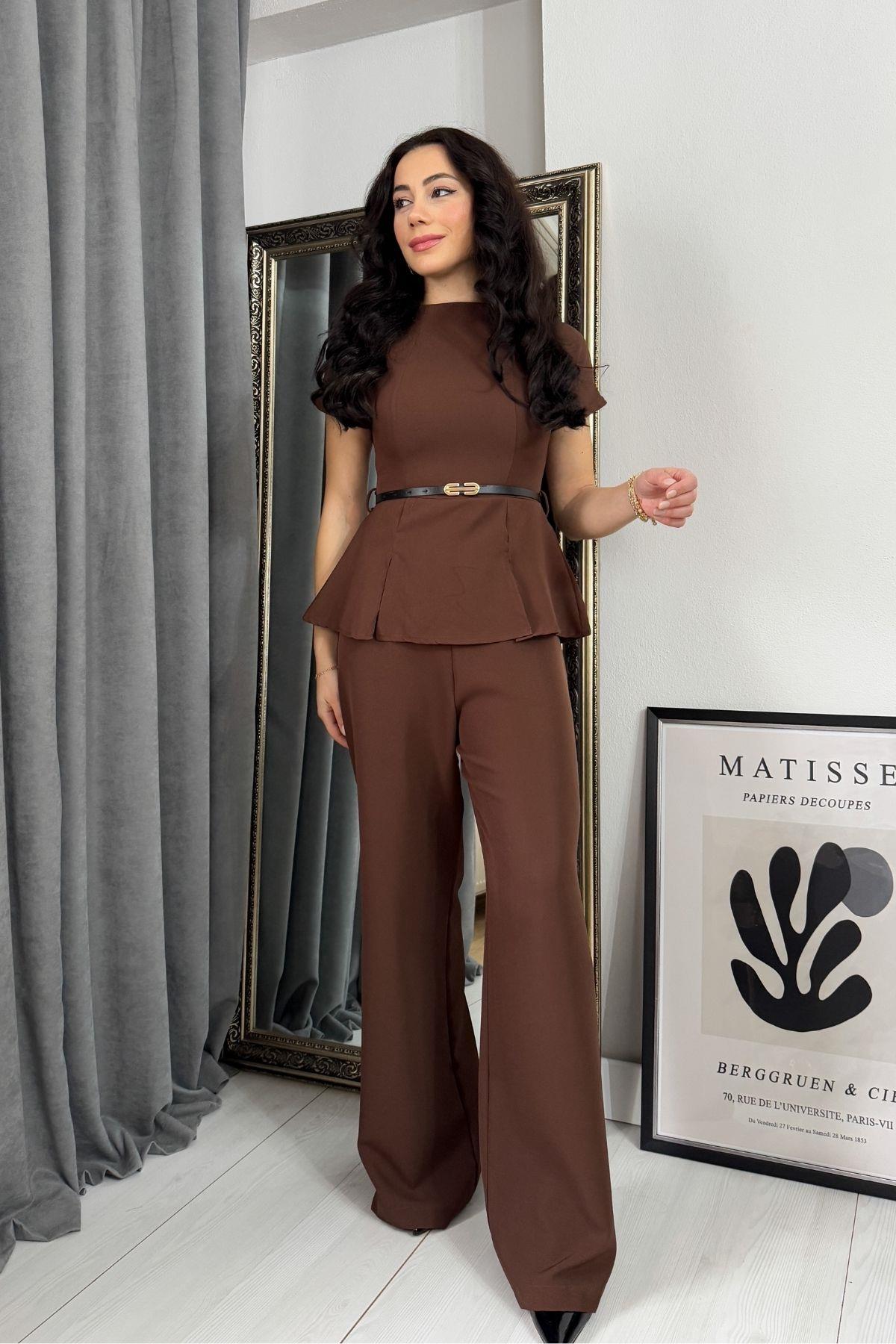 Kahverengi Beli Volan Detay Kemerli Tasarım Tulum