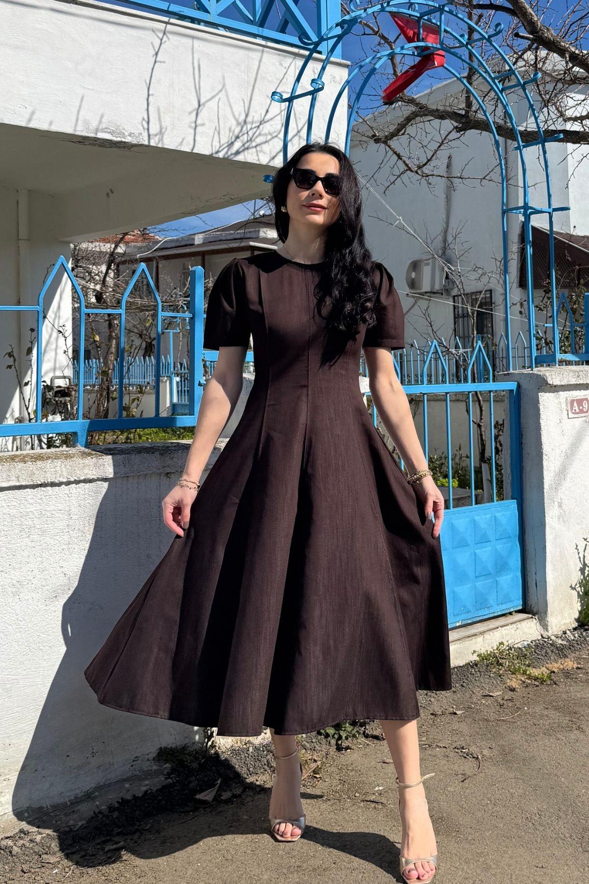 Kahverengi Kol Detay Parçalı Kot Elbise