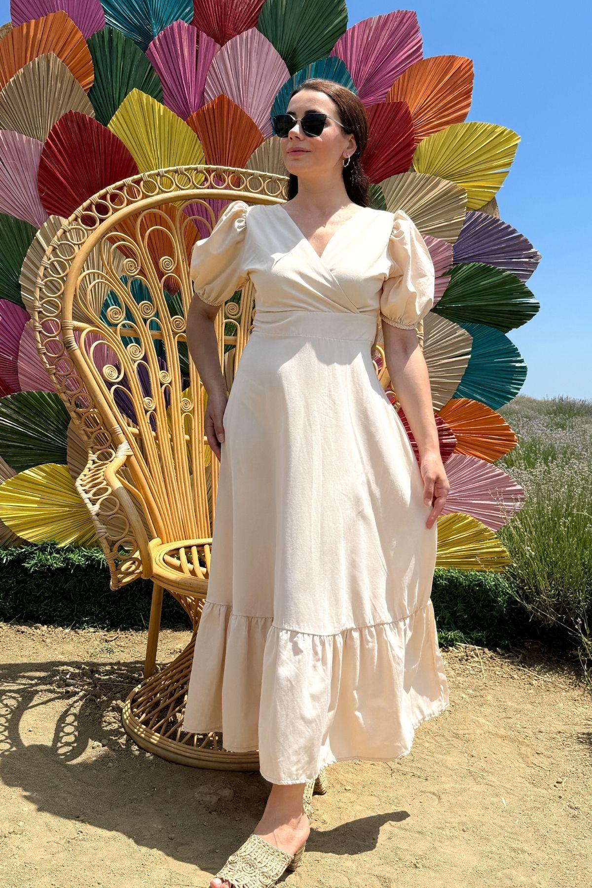 Krem Arkası Fiyonk Detay Poplin Elbise