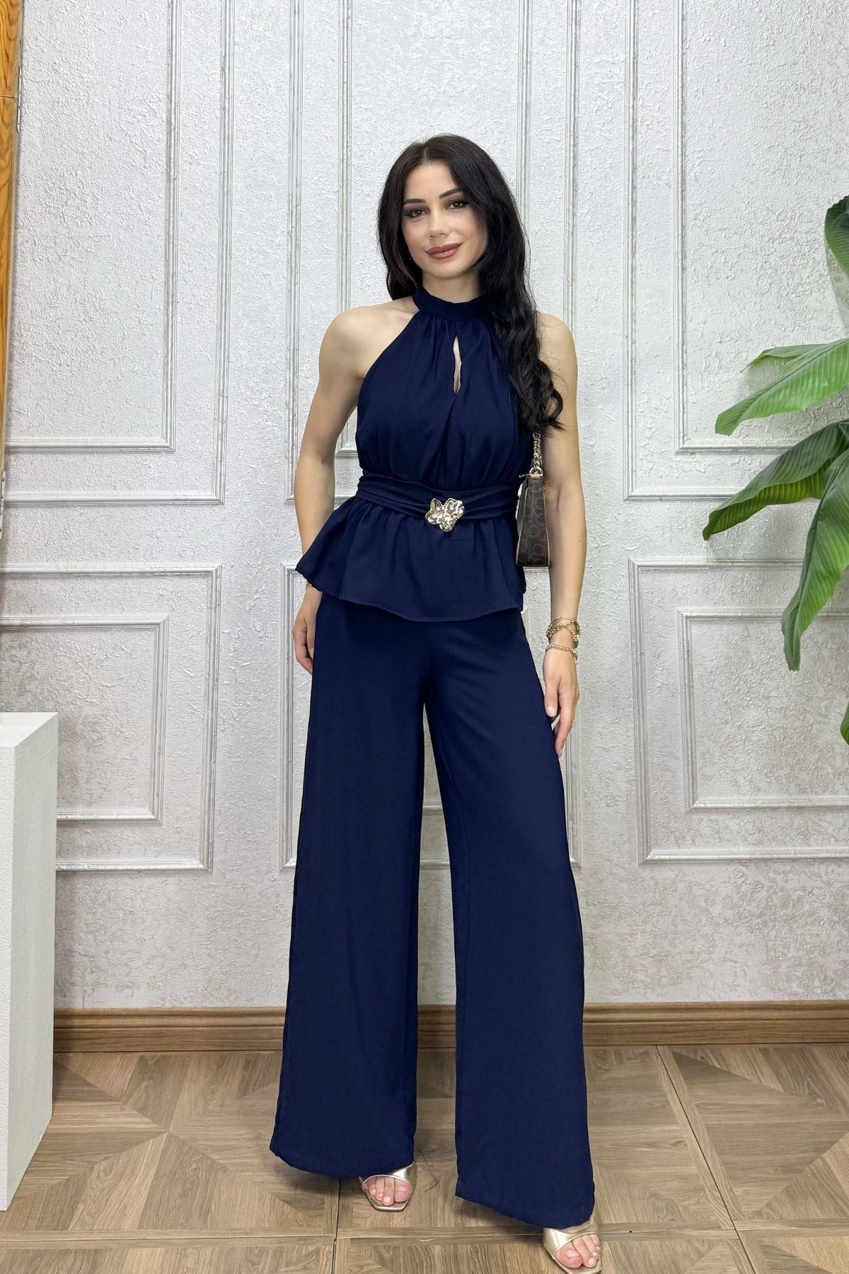 Lacivert Beli Broş Volan Detay Tulum