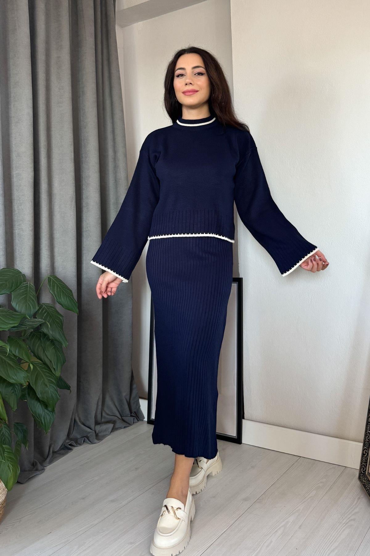 Lacivert Kalın Askılı Elbise Kazak Triko Takım