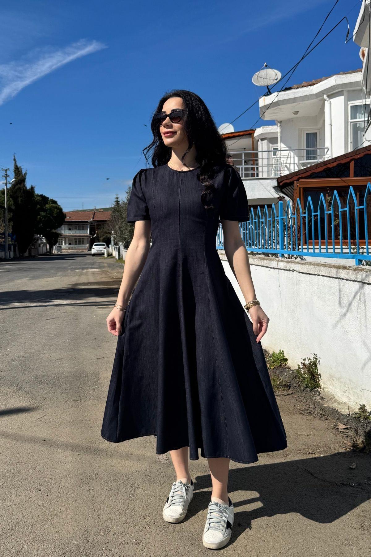 Lacivert Kol Detay Parçalı Kot Elbise
