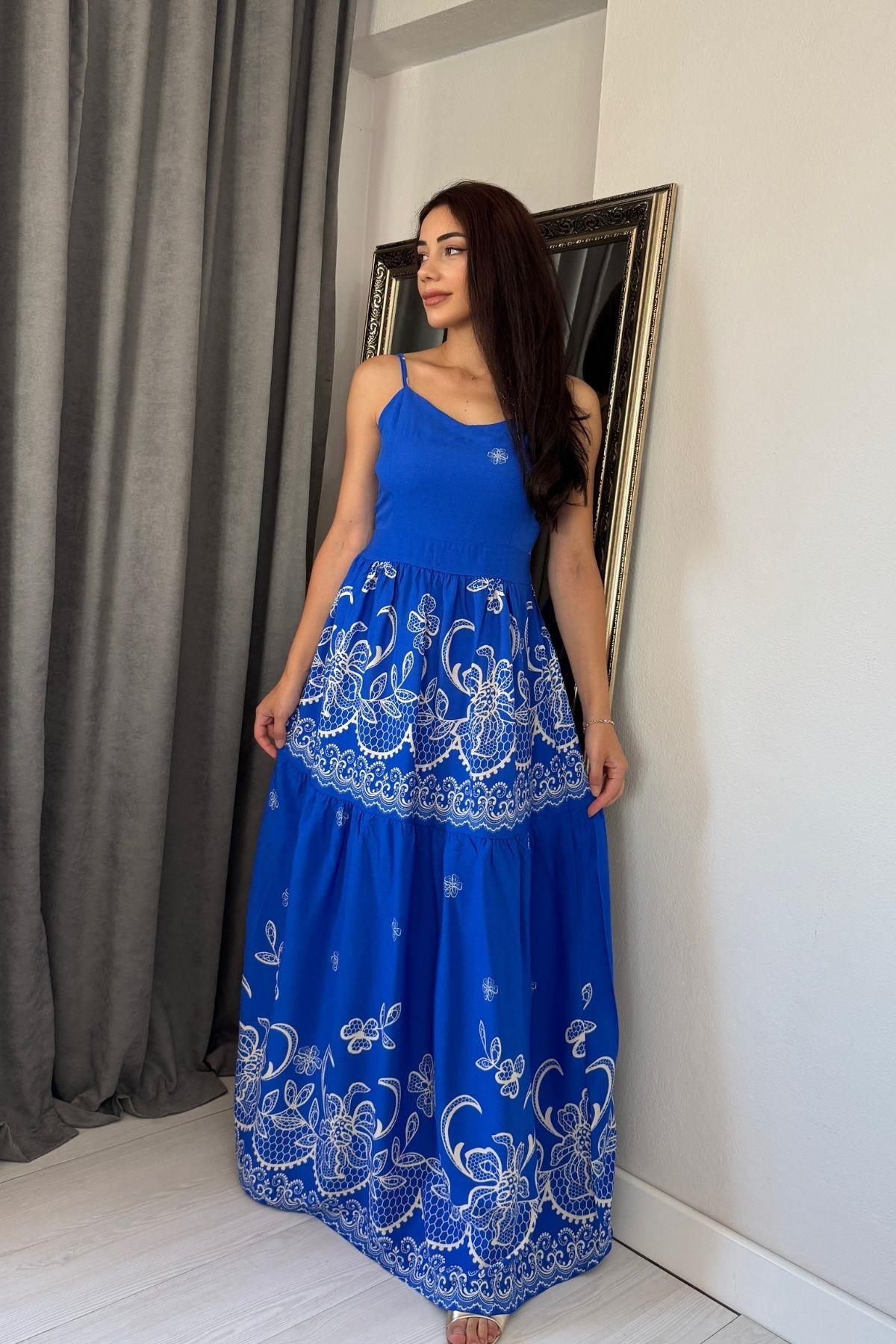 Mavi Askılı Maksi Viskon Elbise