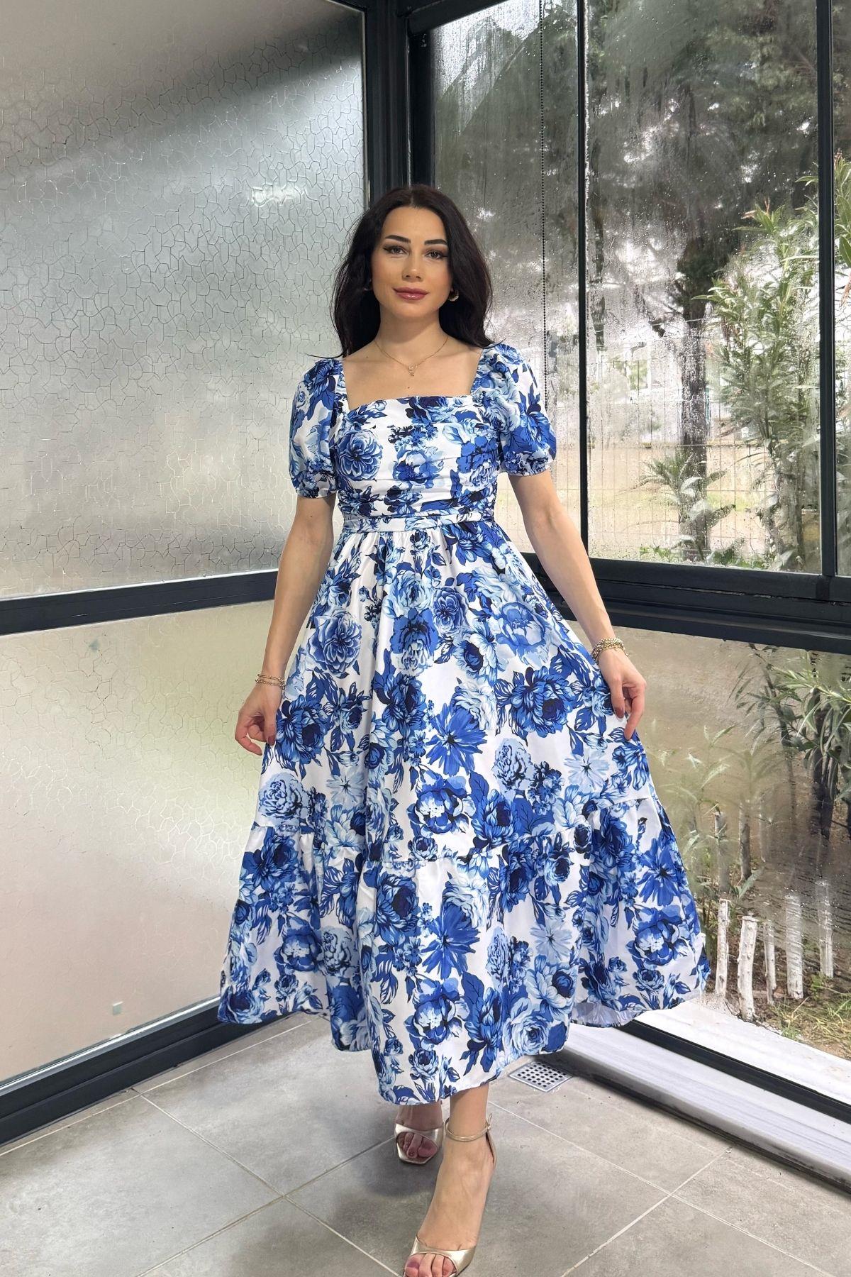 Mavi Göğsü Drapeli Poplin Kloş Elbise