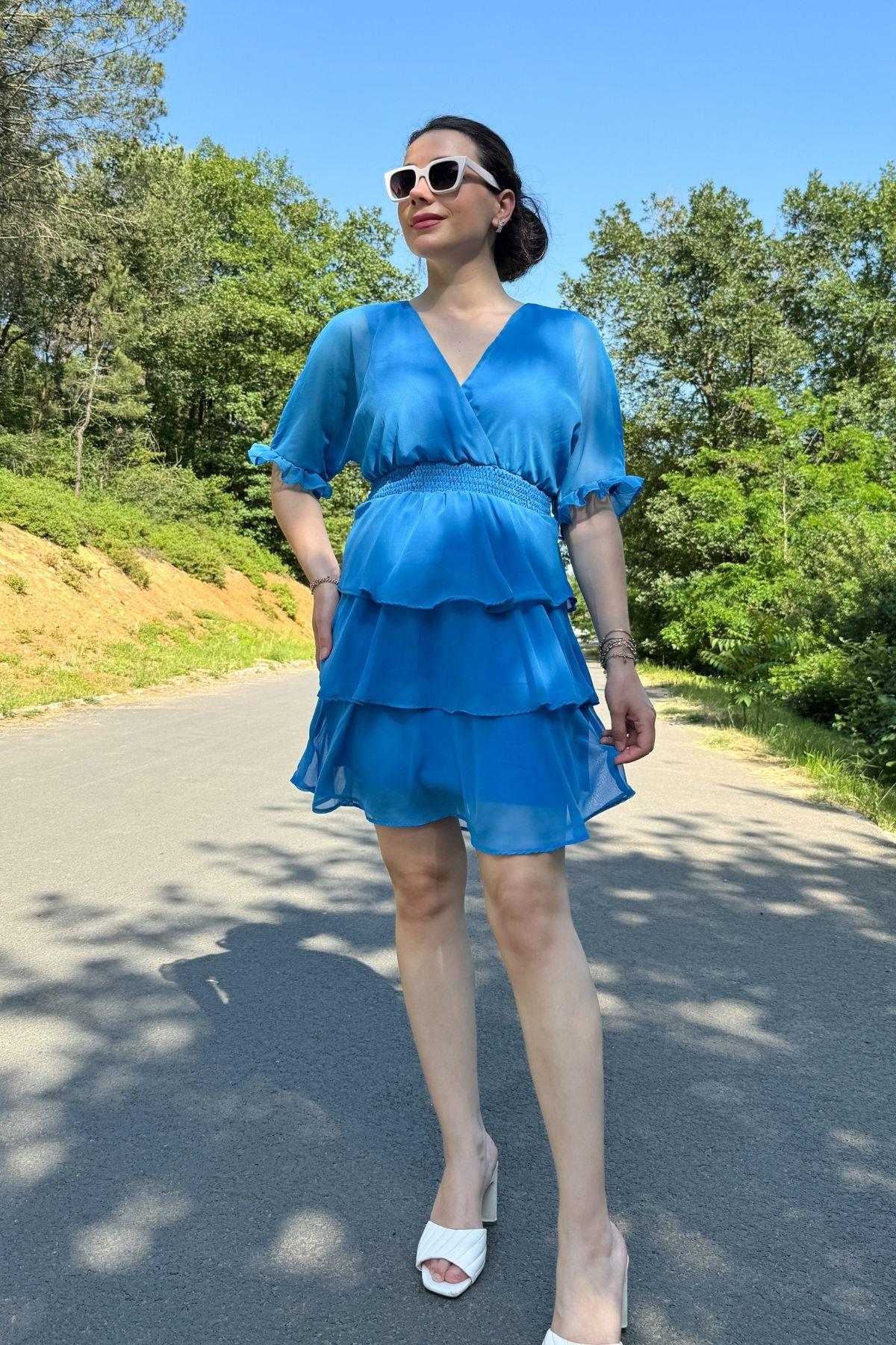 Mavi Kat Kat Etek Beli Gipeli Şifon Elbise