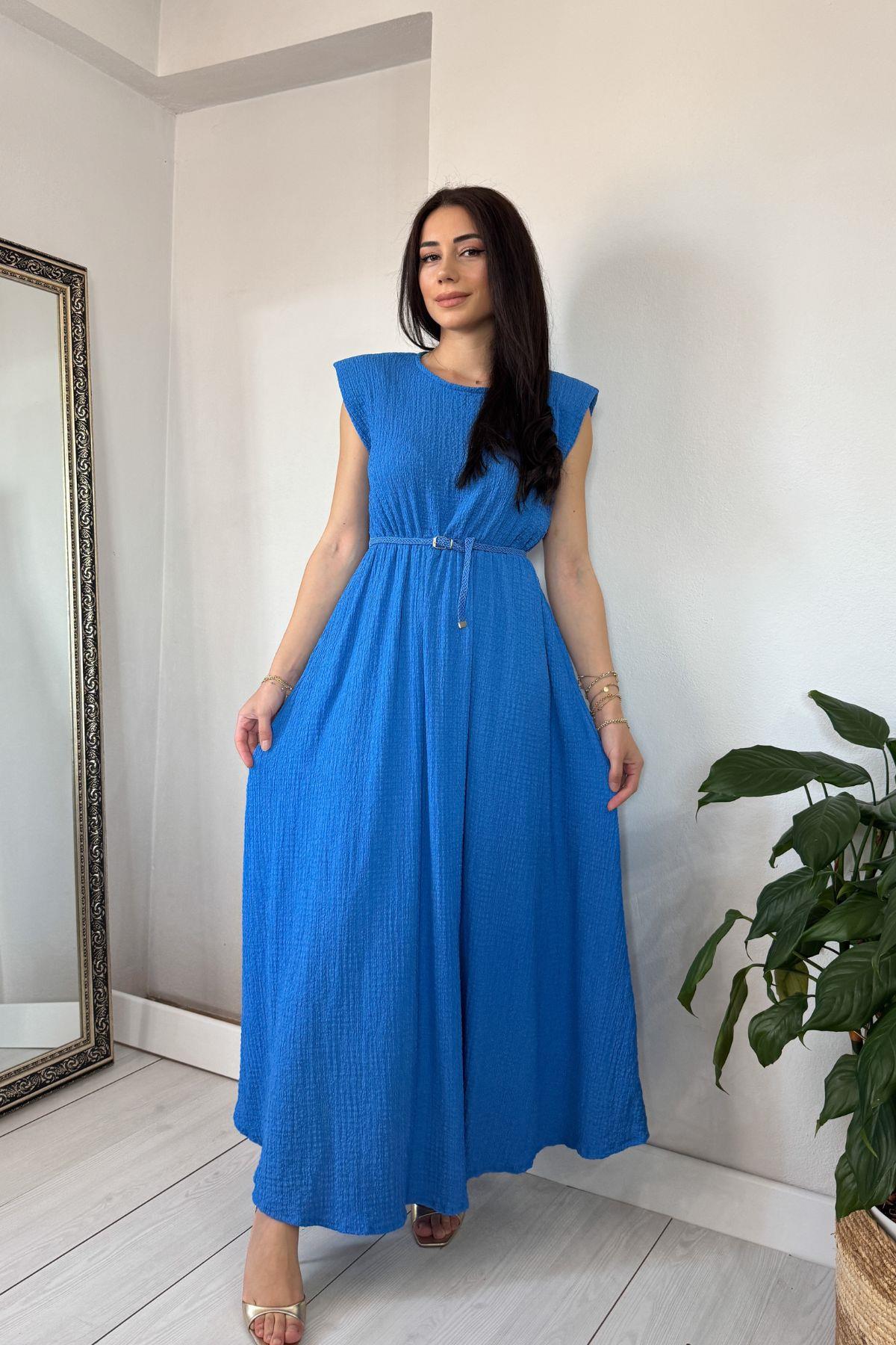 Mavi Vatkalı Beli Lastikli Kemerli Gofre Elbise