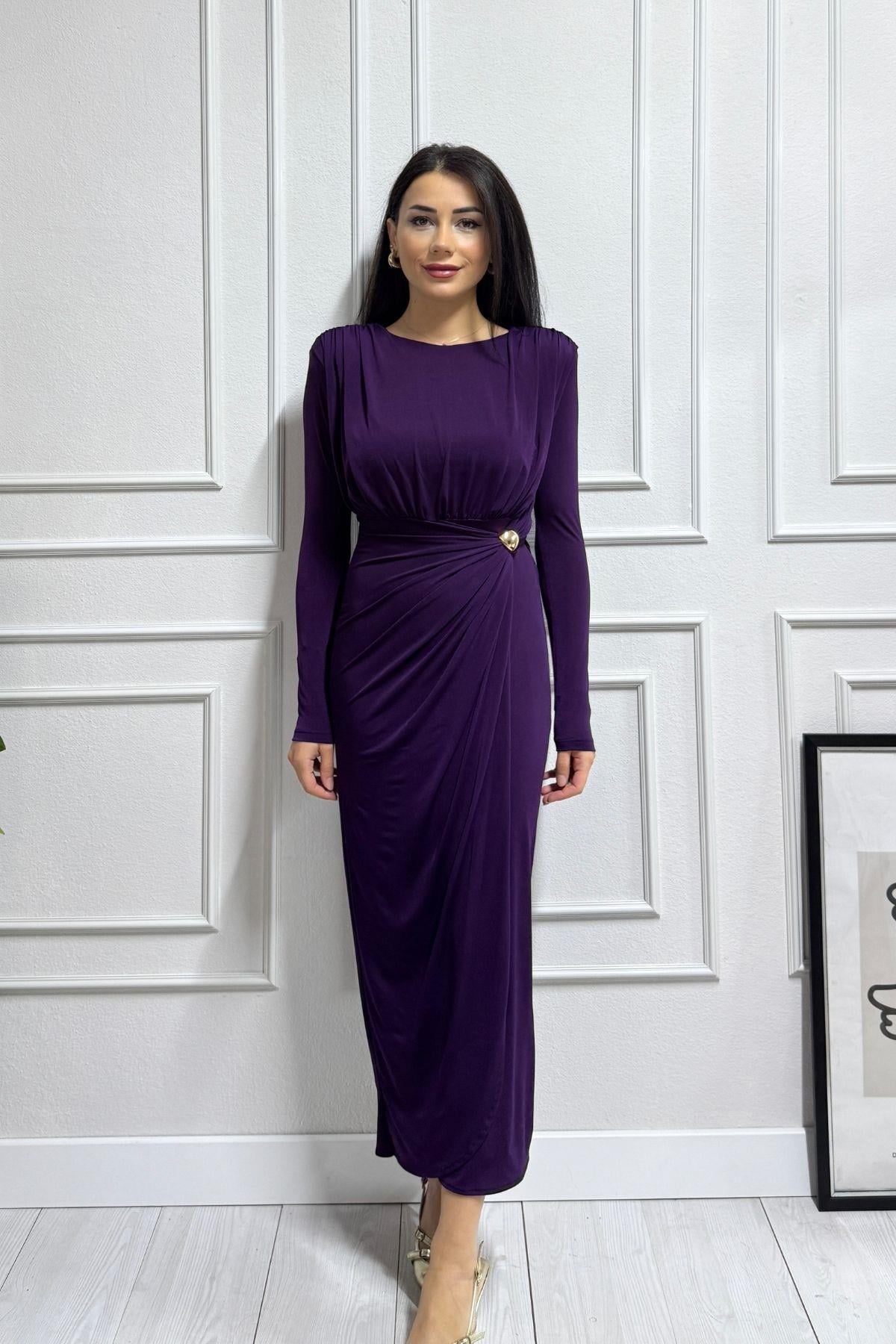 Mor Beli Aksesuarlı Drapeli Sandy Elbise