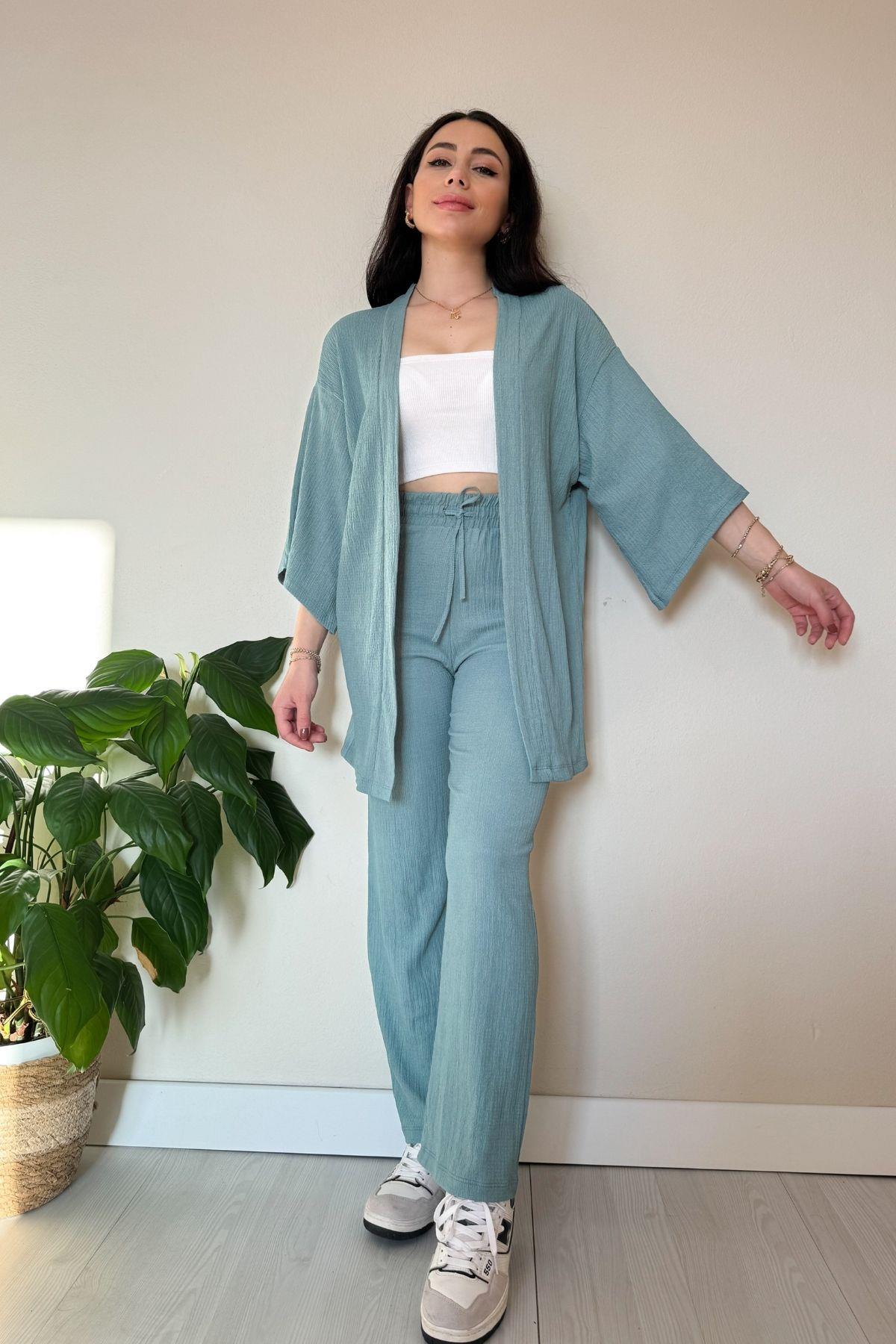 Nil Yeşili Kimono Pantolon Gofre Takım