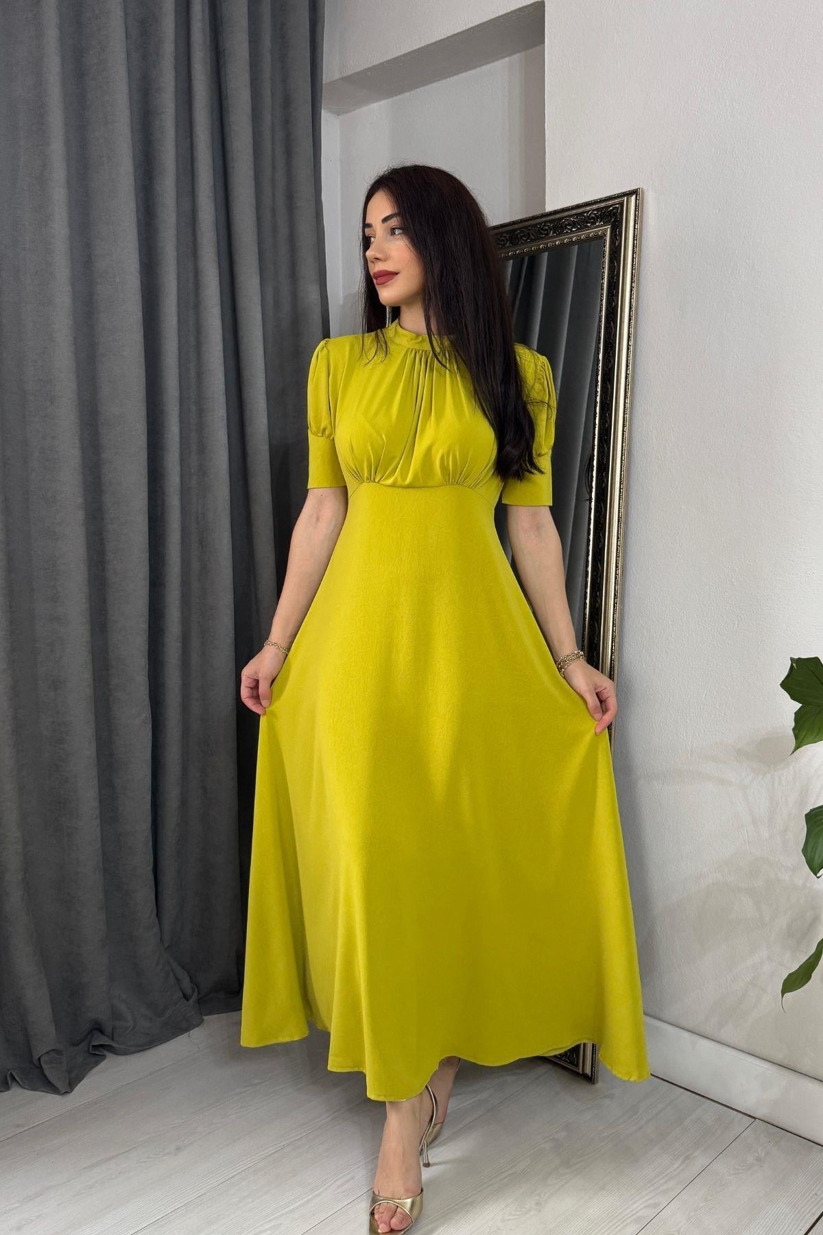 Olıve Göğsü Büzgülü Yakası Bağlama Detay Krep Elbise