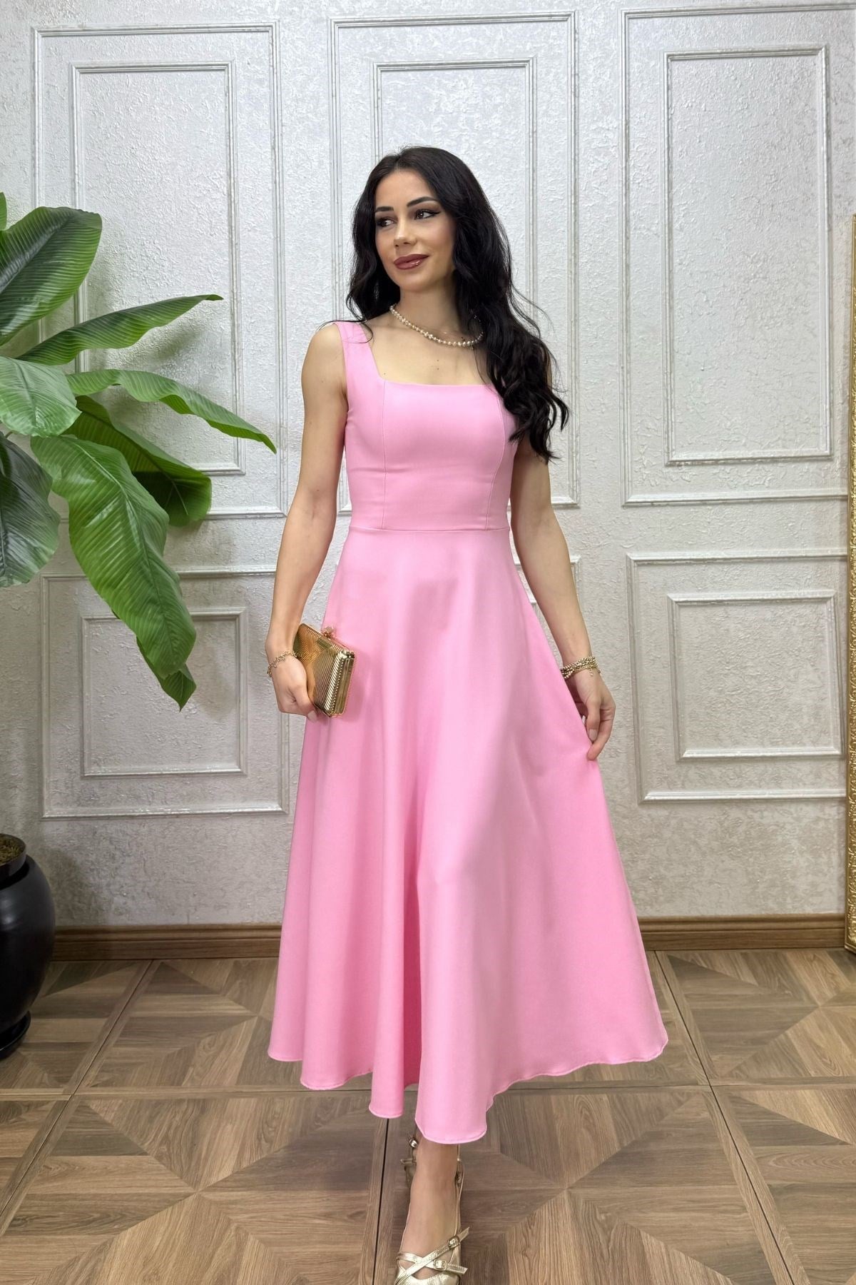 Pembe Kalın Askılı Beli Kuşaklı Füsun Elbise