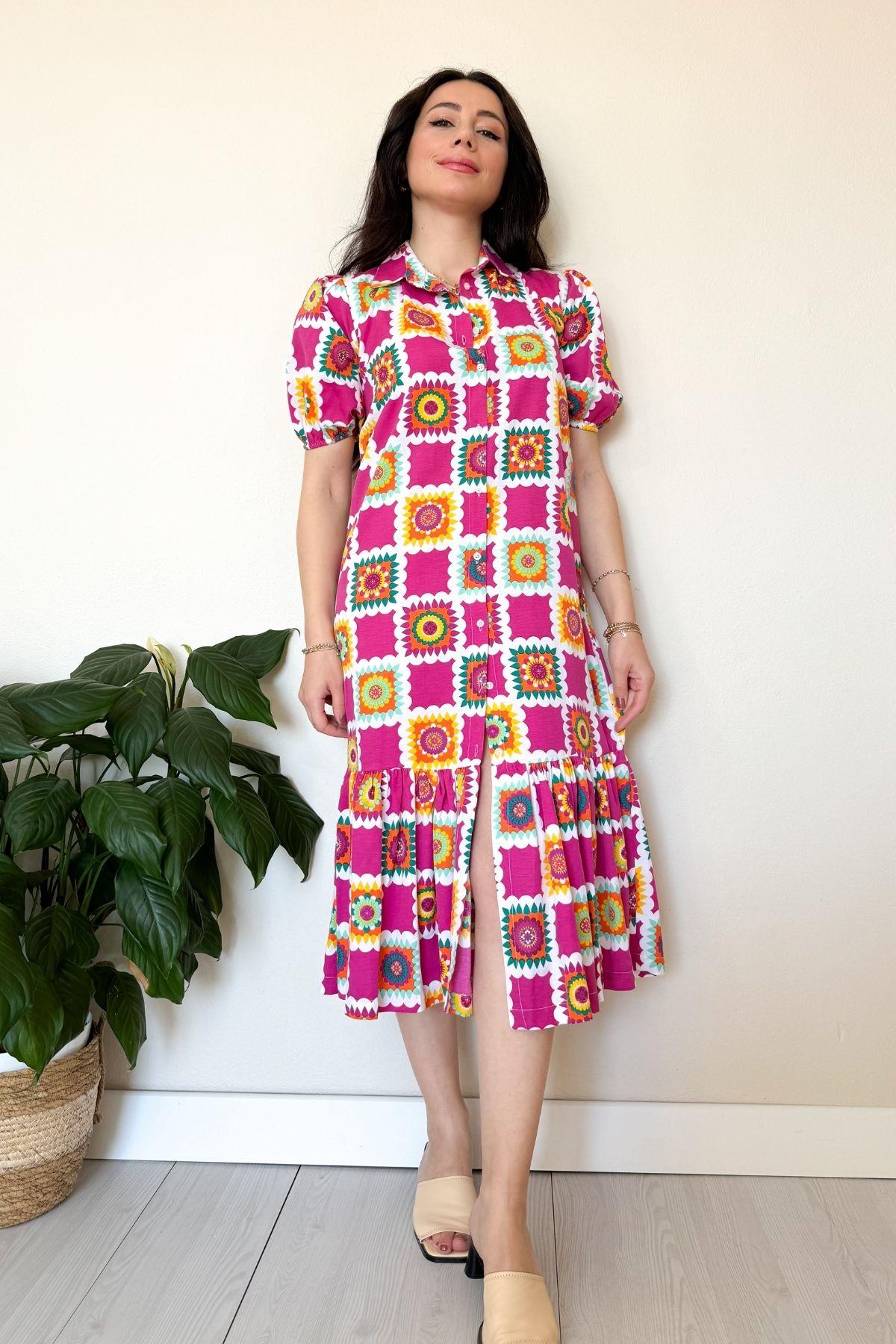 Pembe Komple Düğmeli Poplin Elbise