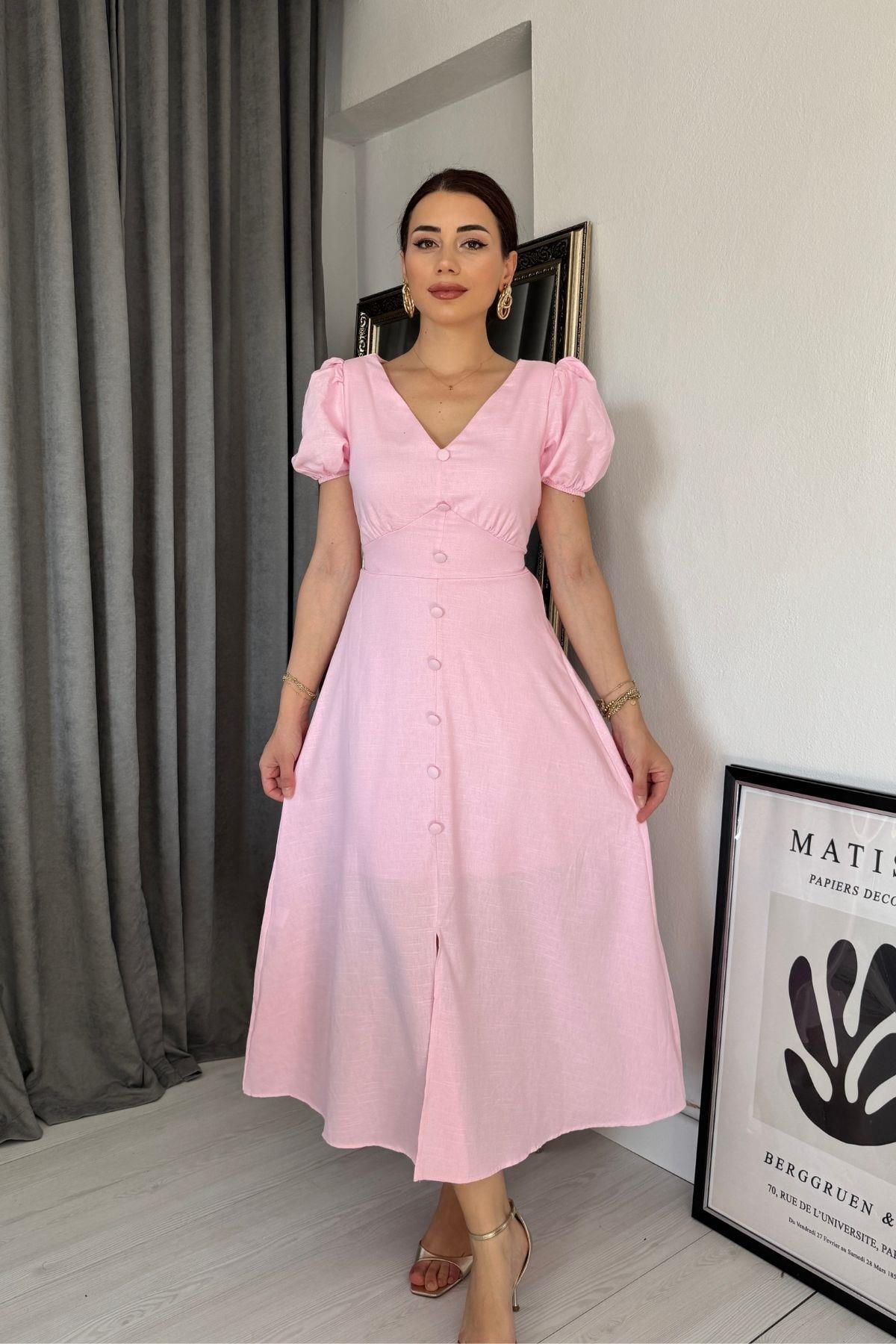 Pembe Önü Süs Düğmeli Kuşaklı Keten Elbise