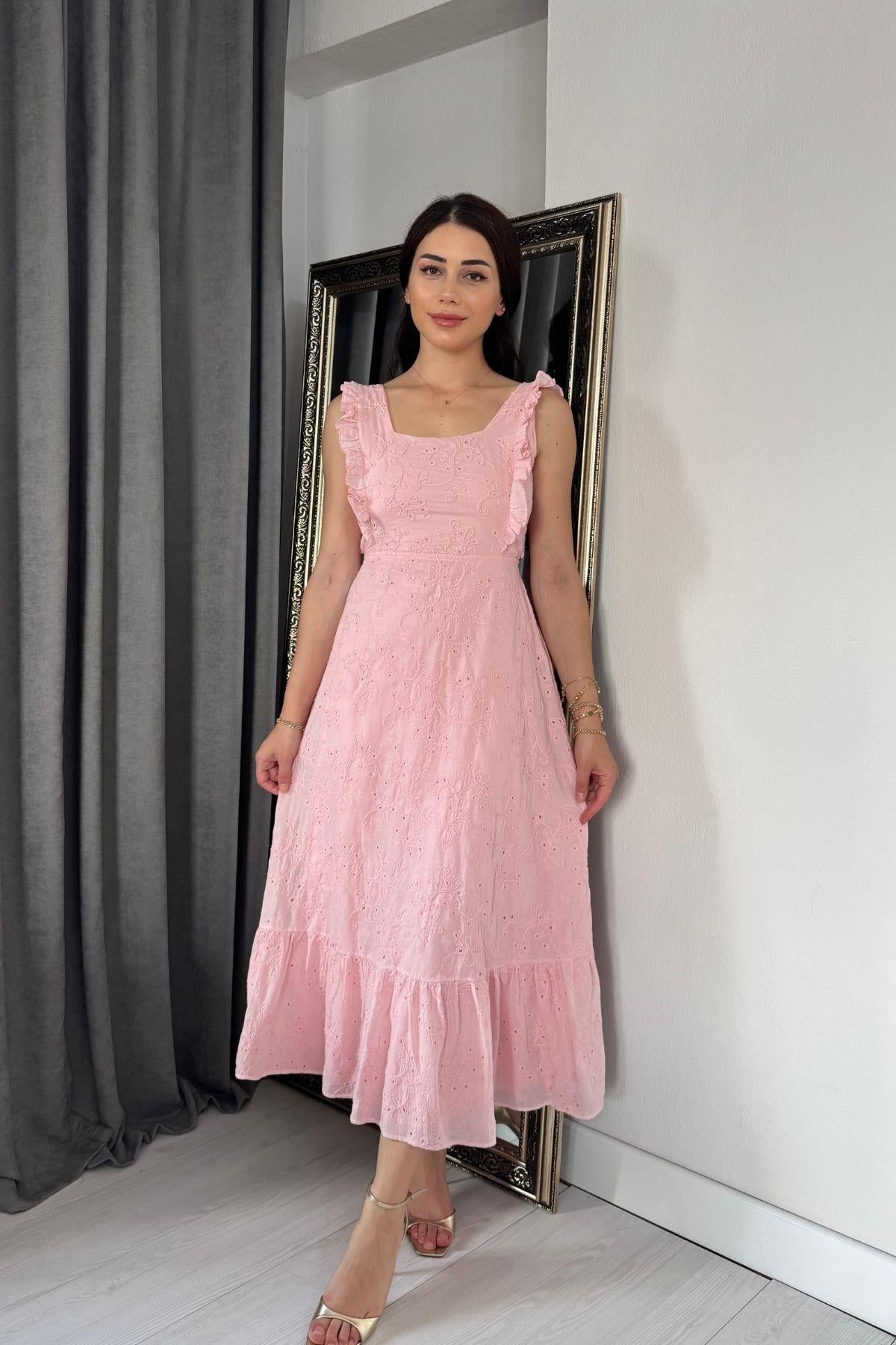 Pembe Sırtı Bağlamalı Fisto Elbise
