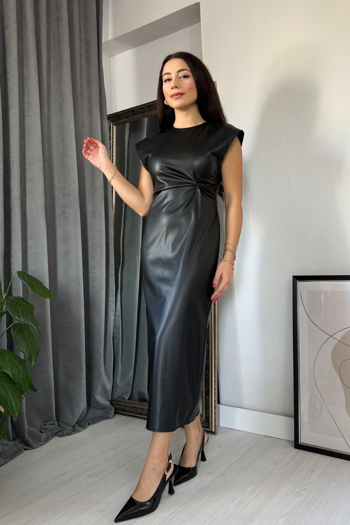 Siyah Beli Düğüm Detay Deri Kalem Elbise