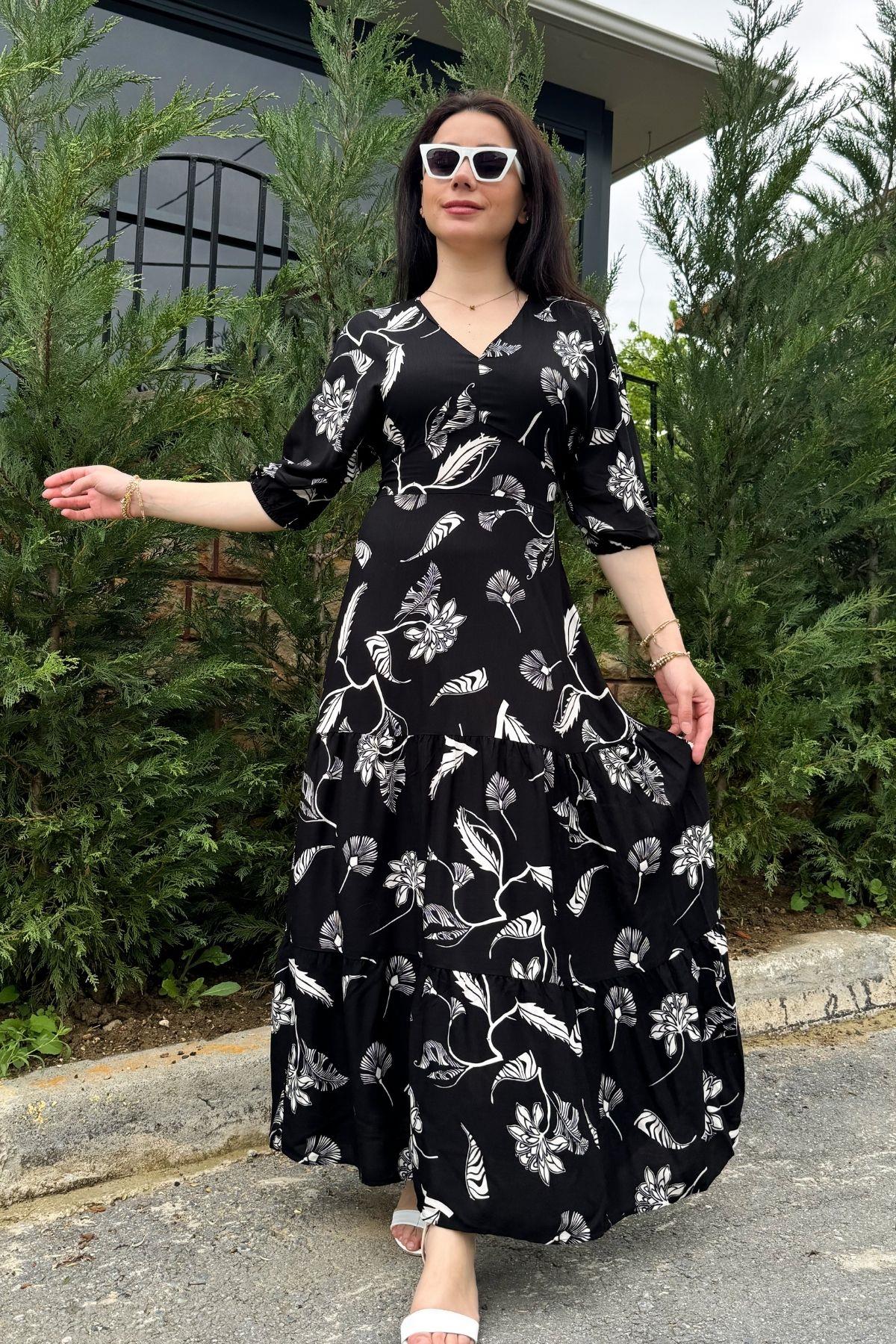 Siyah Beyaz Desen Beli Korse Kemer Detay Viskon Elbise
