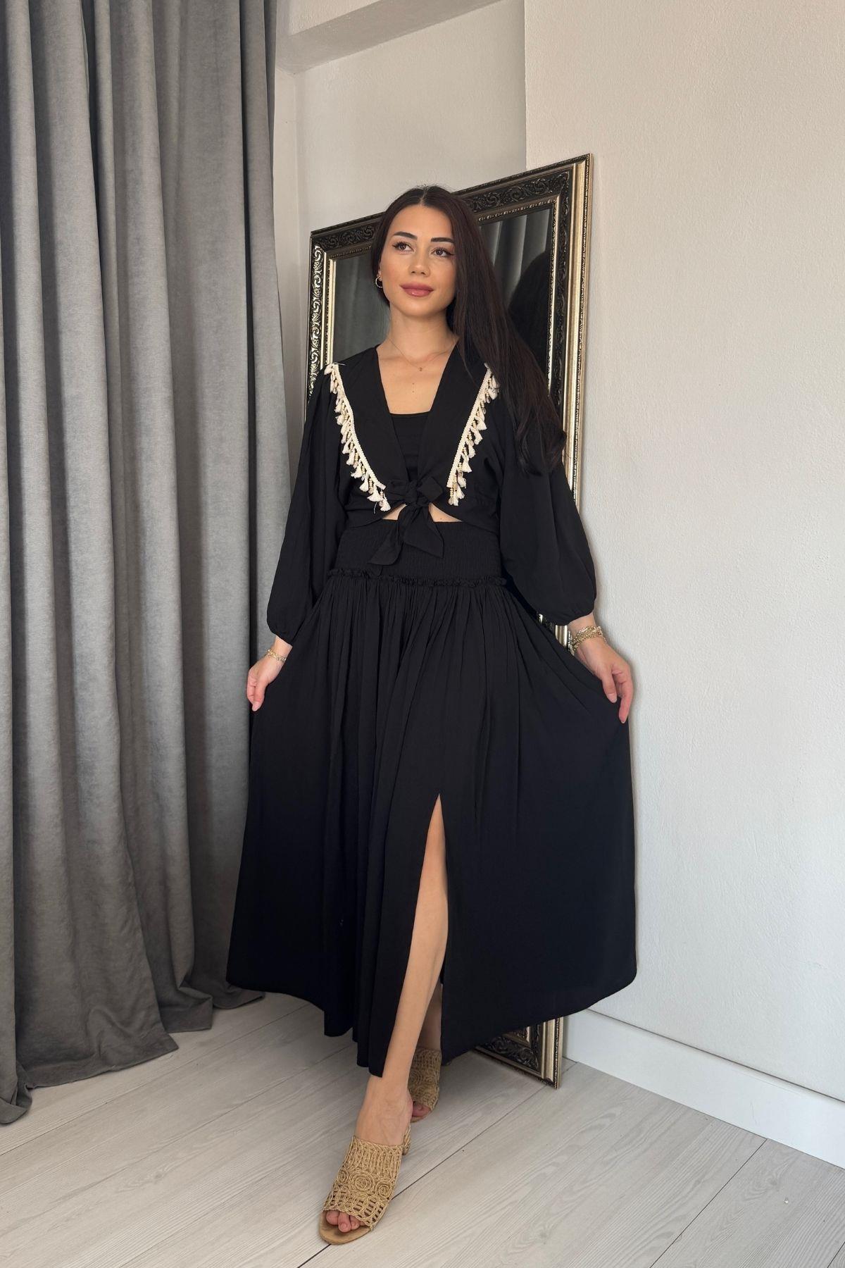 Siyah Etek Crop Beli Gipeli Müslin Takım