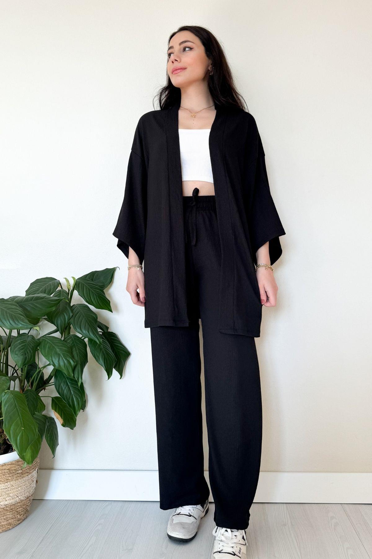 Siyah Kimono Pantolon Gofre Takım