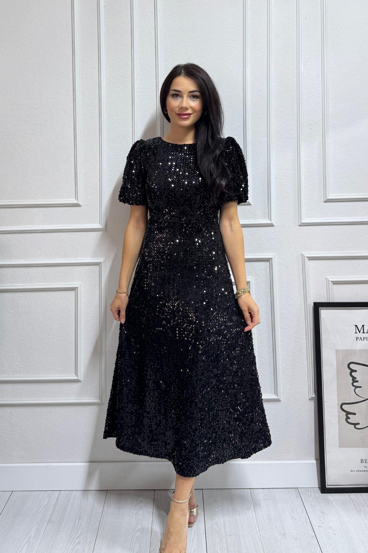 Siyah Kısa Kol Payet Elbise