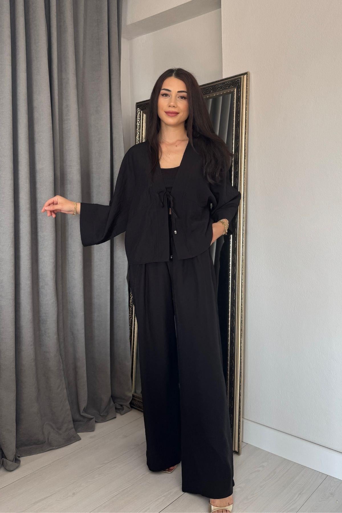 Siyah Önü Bağlamalı Kimonolu Takım