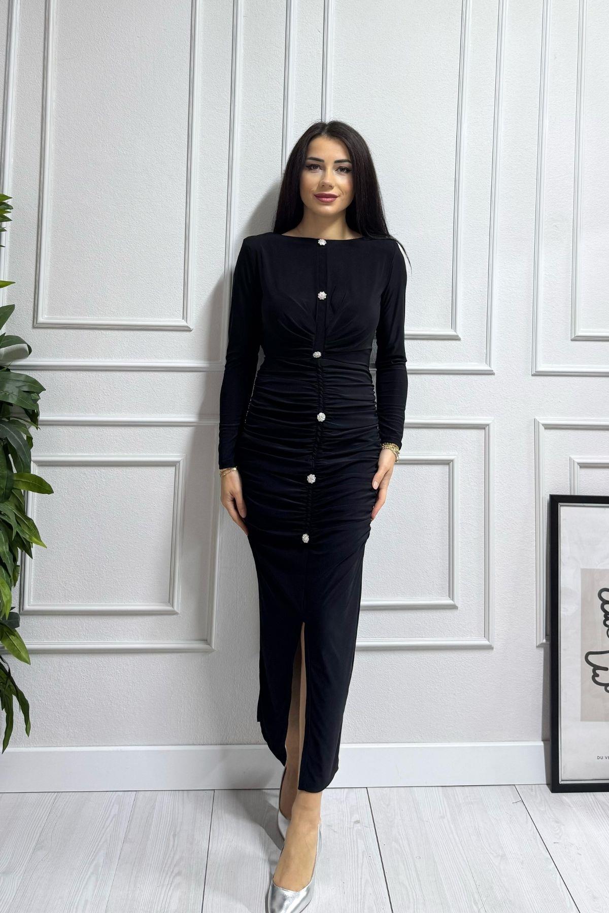 Siyah Taş Süs Düğmeli Drapeli Vatkalı Elbise