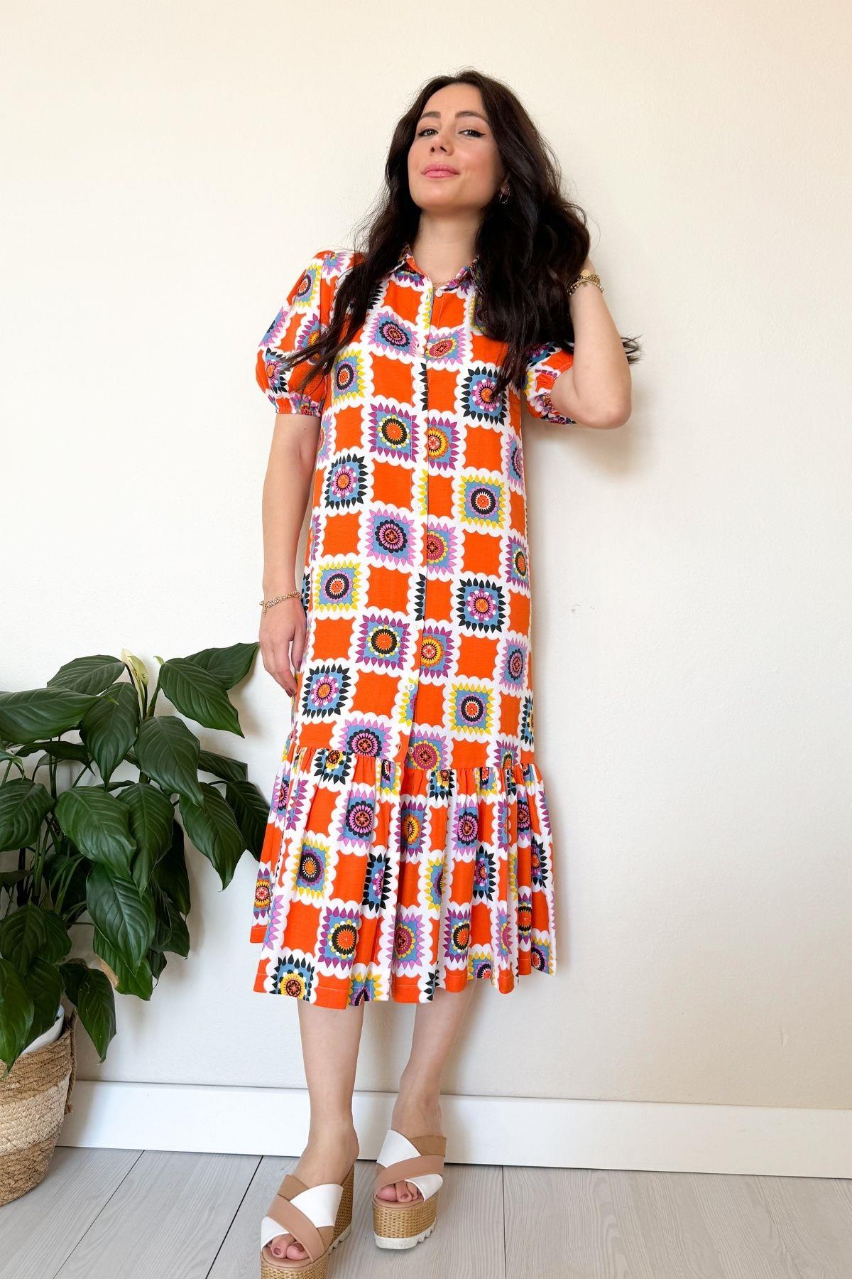 Turuncu Komple Düğmeli Poplin Elbise