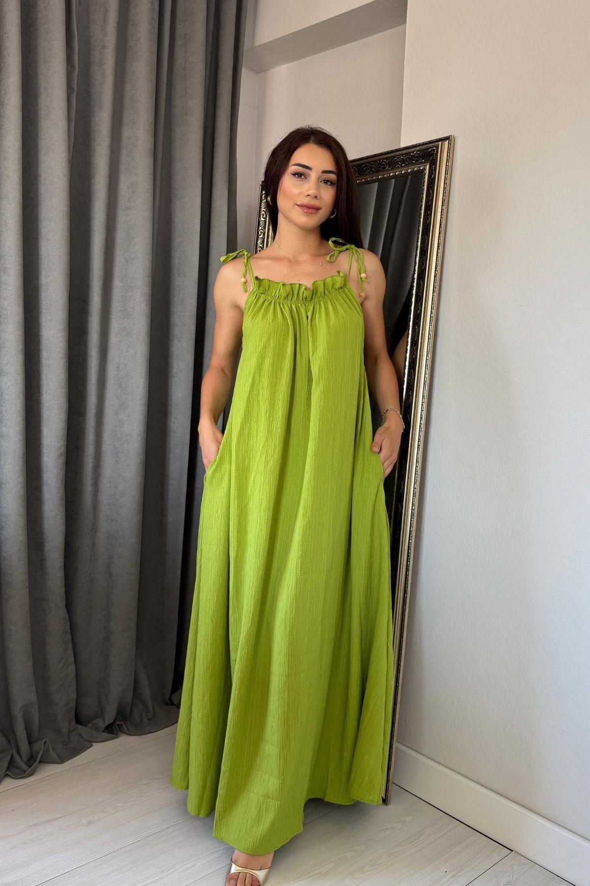 Yağ Yeşili Omzu Bağlamalı Cepli Elbise