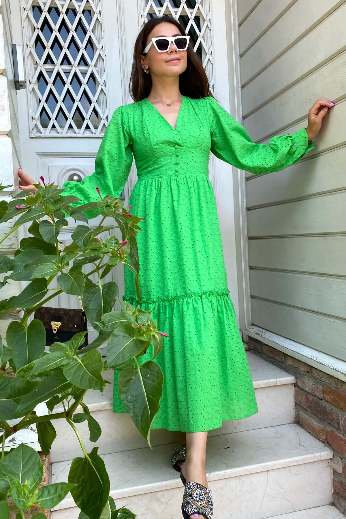 Yeşil Uzun Kol Astarlı Fisto Elbise