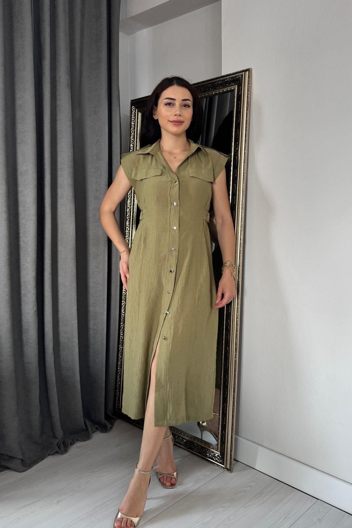 Zr Muadil Bel Detay Astarlı Yeşil Elbise