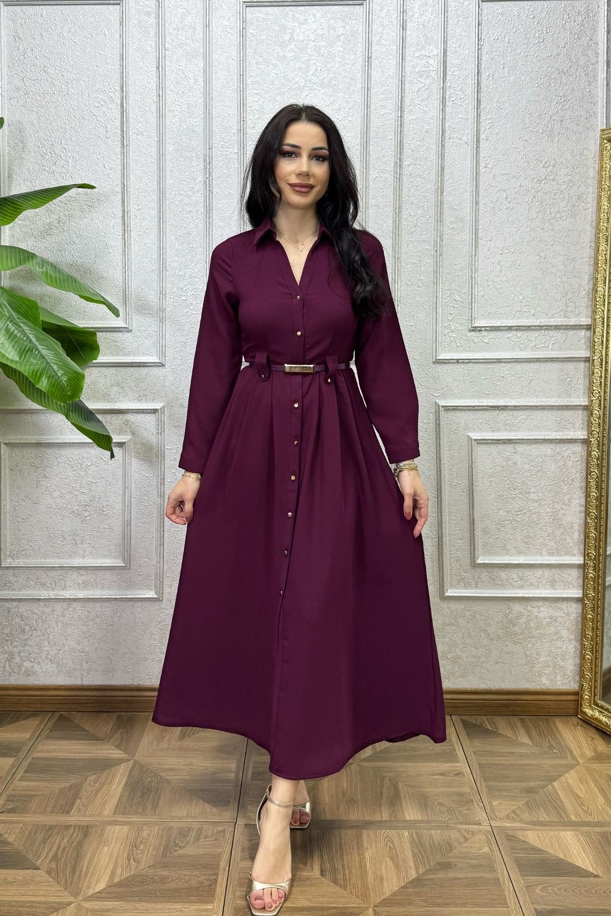 Zr Muadil Kemerli Gömlek Elbise Mürdüm
