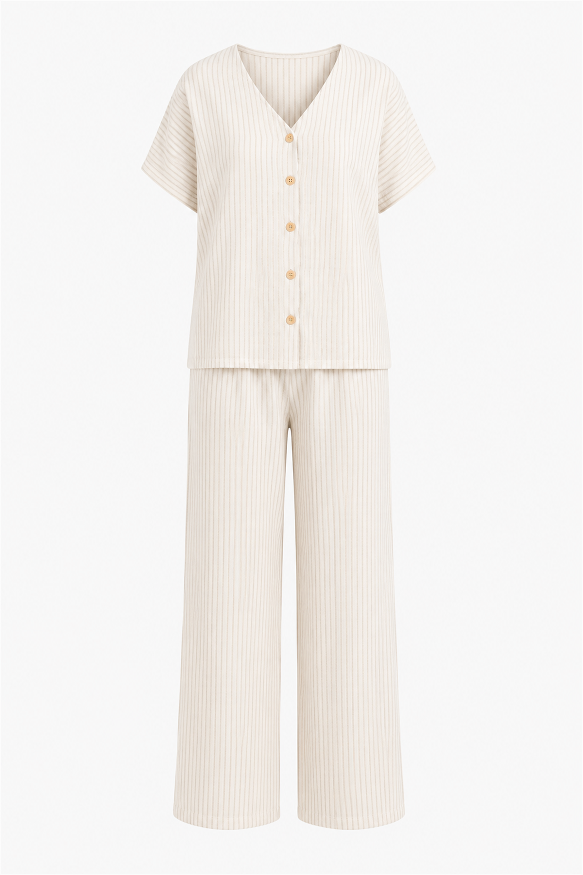 Çizgili Müslin Yakasız Kısa Kollu Kadın Pijama Takımı