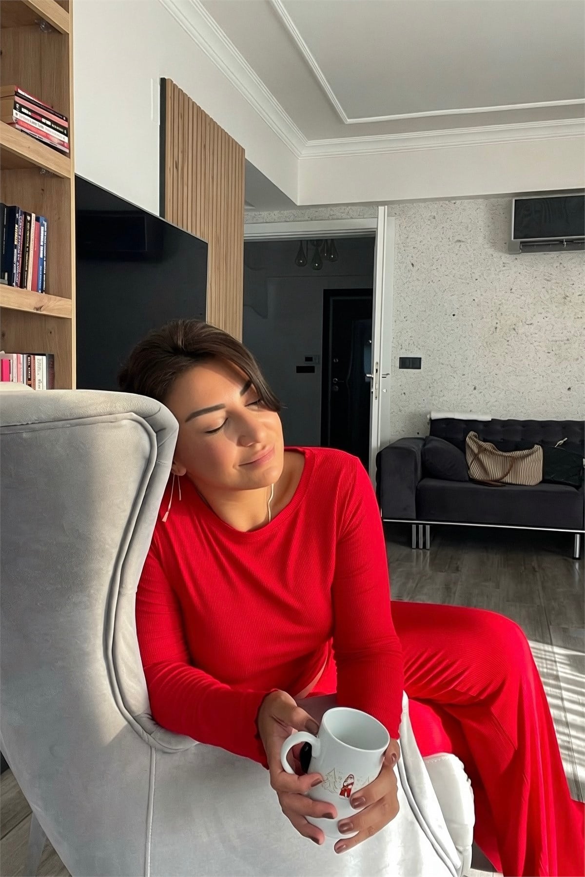 Fitilli Kırmızı Modal Pijama Takımı