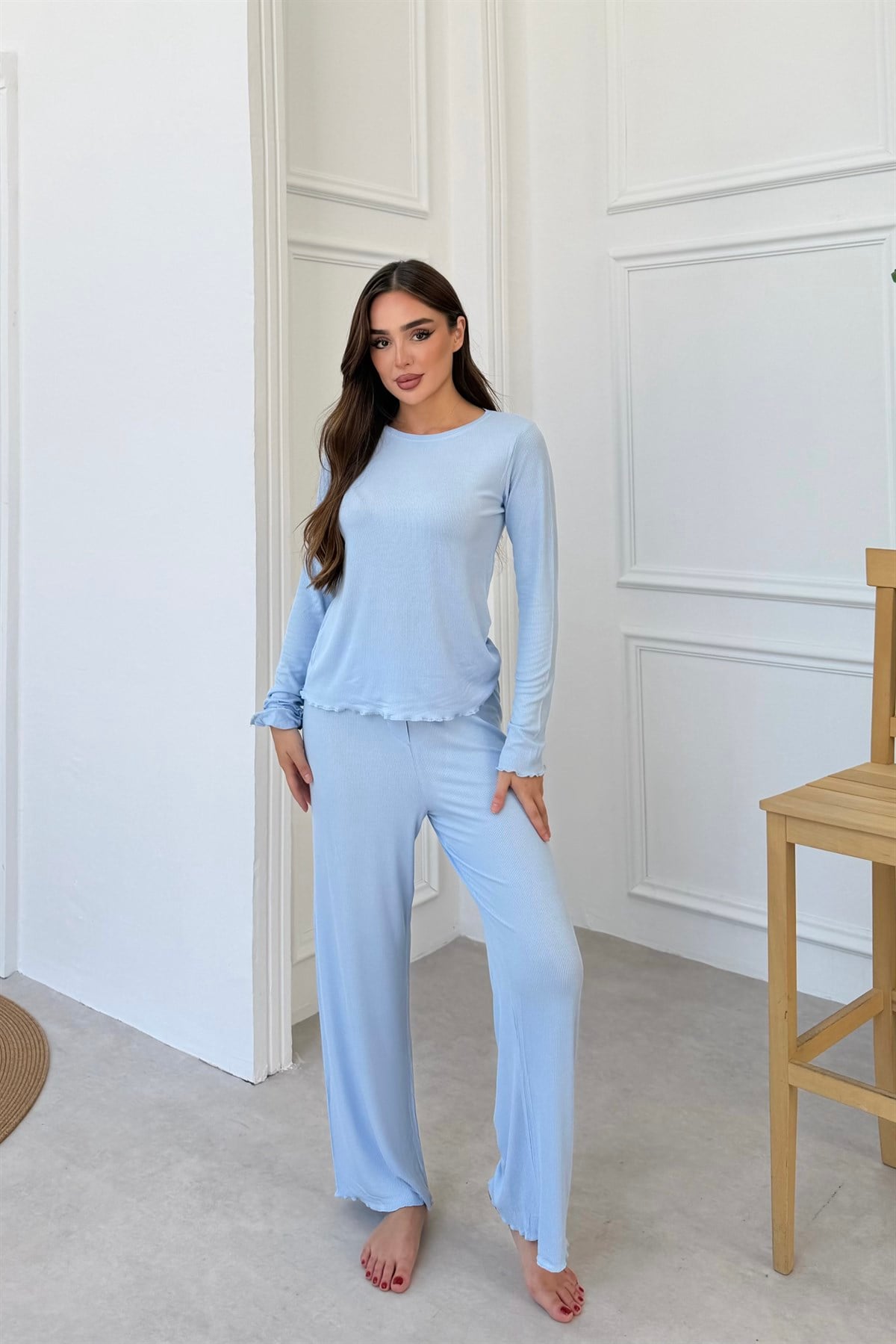 Fitilli Mavi Modal Pijama Takımı
