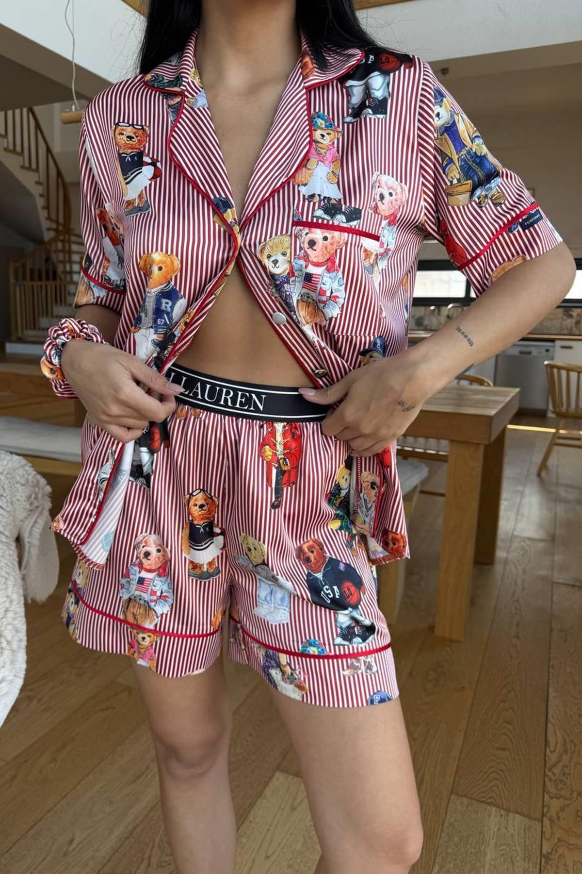 Kırmızı Çizgili Teddy Saten Şort Takım