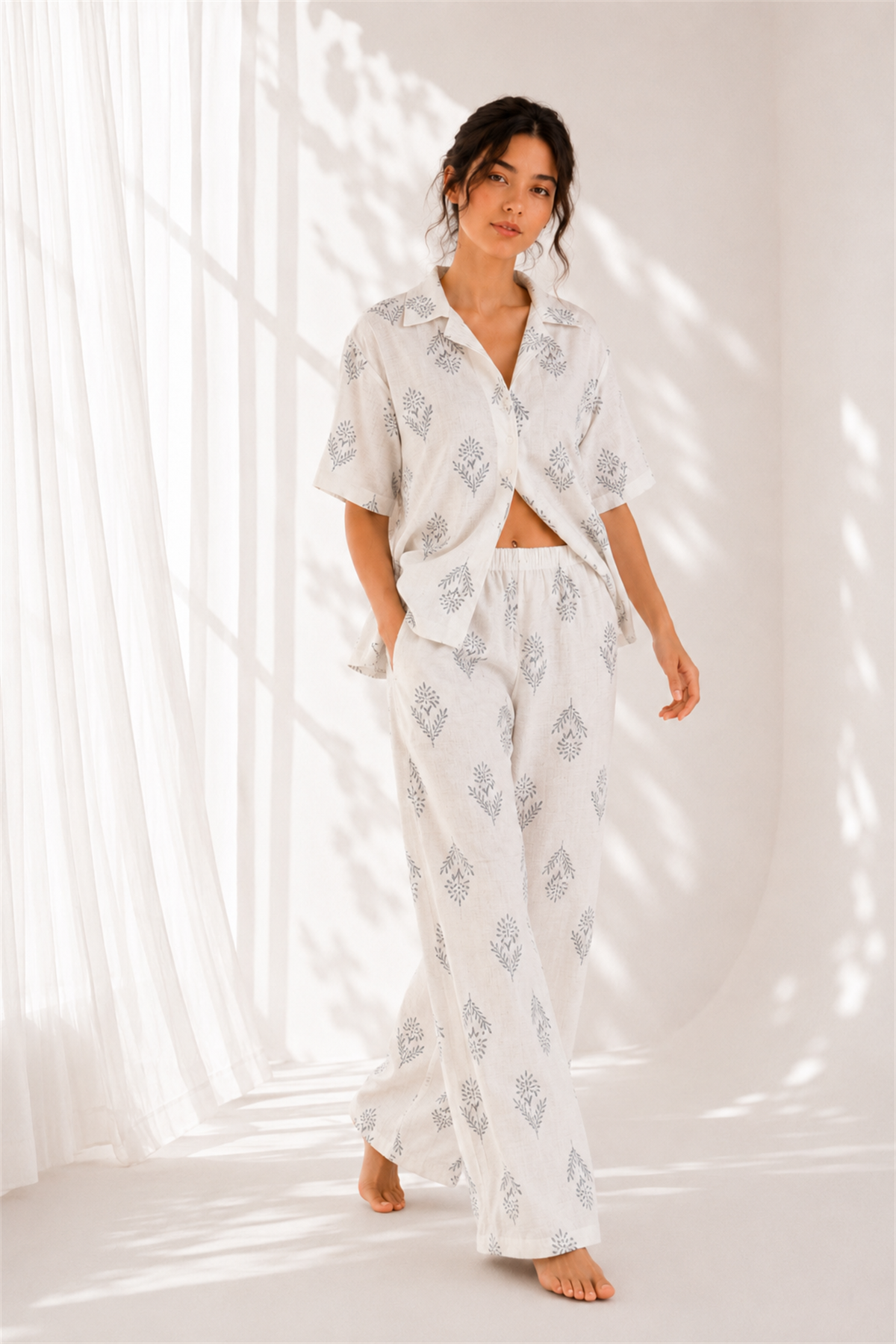 Laci Varak Desenli Müslin Kadın Pijama Takımı